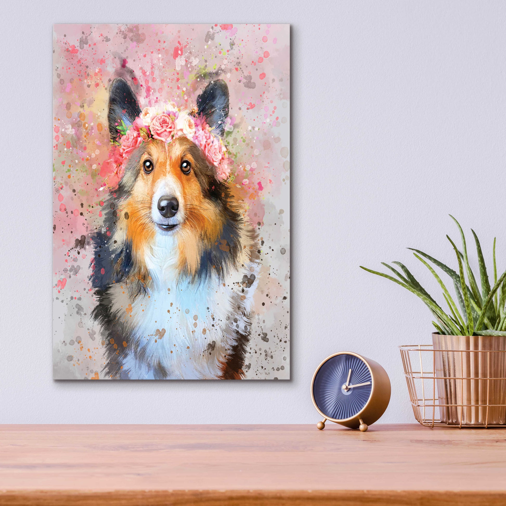 Epic Art 'Flower Crown Shetland Sheepdog 2' by Furbaby Affiliates, Acrylic Glass Wall Art,12x16