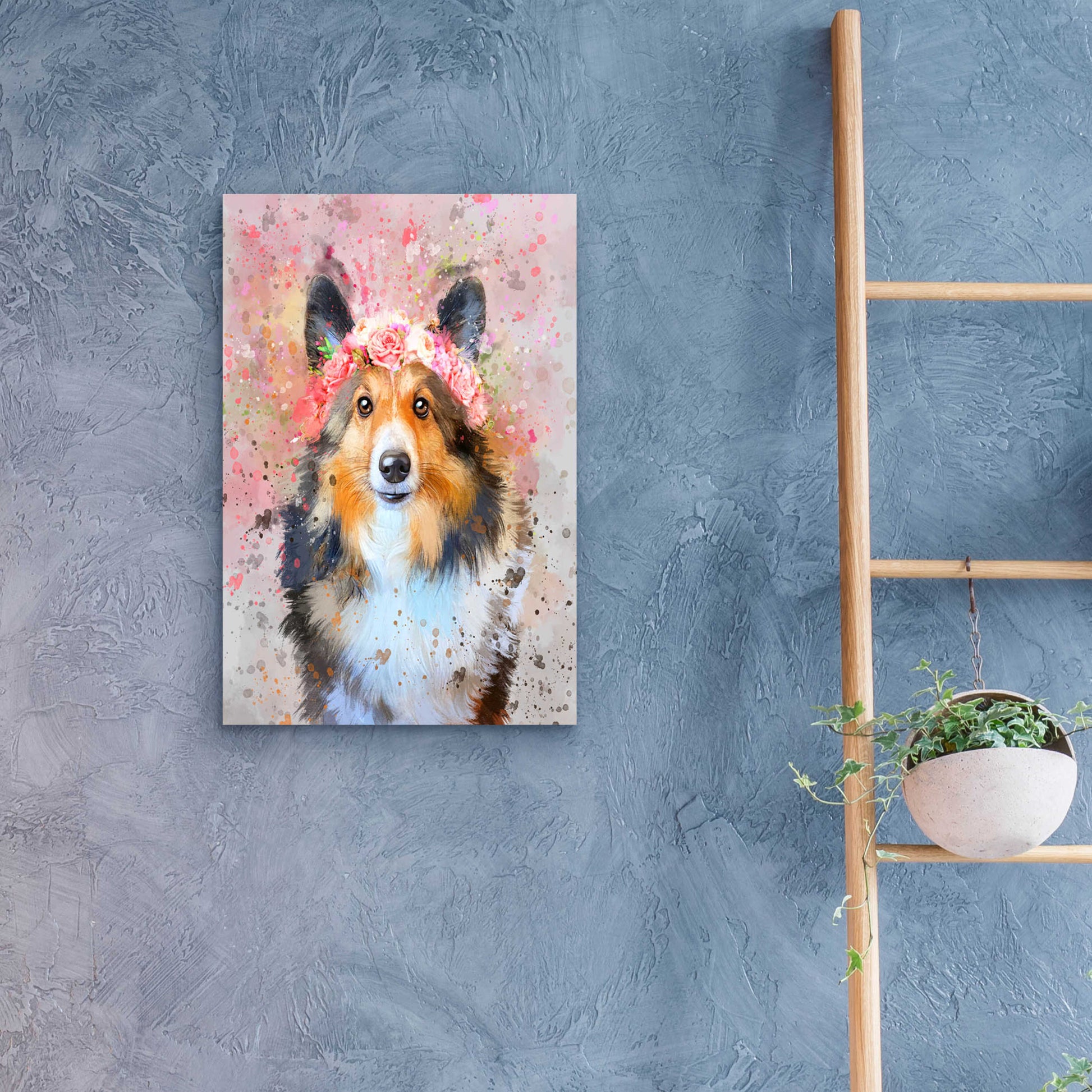 Epic Art 'Flower Crown Shetland Sheepdog 2' by Furbaby Affiliates, Acrylic Glass Wall Art,16x24