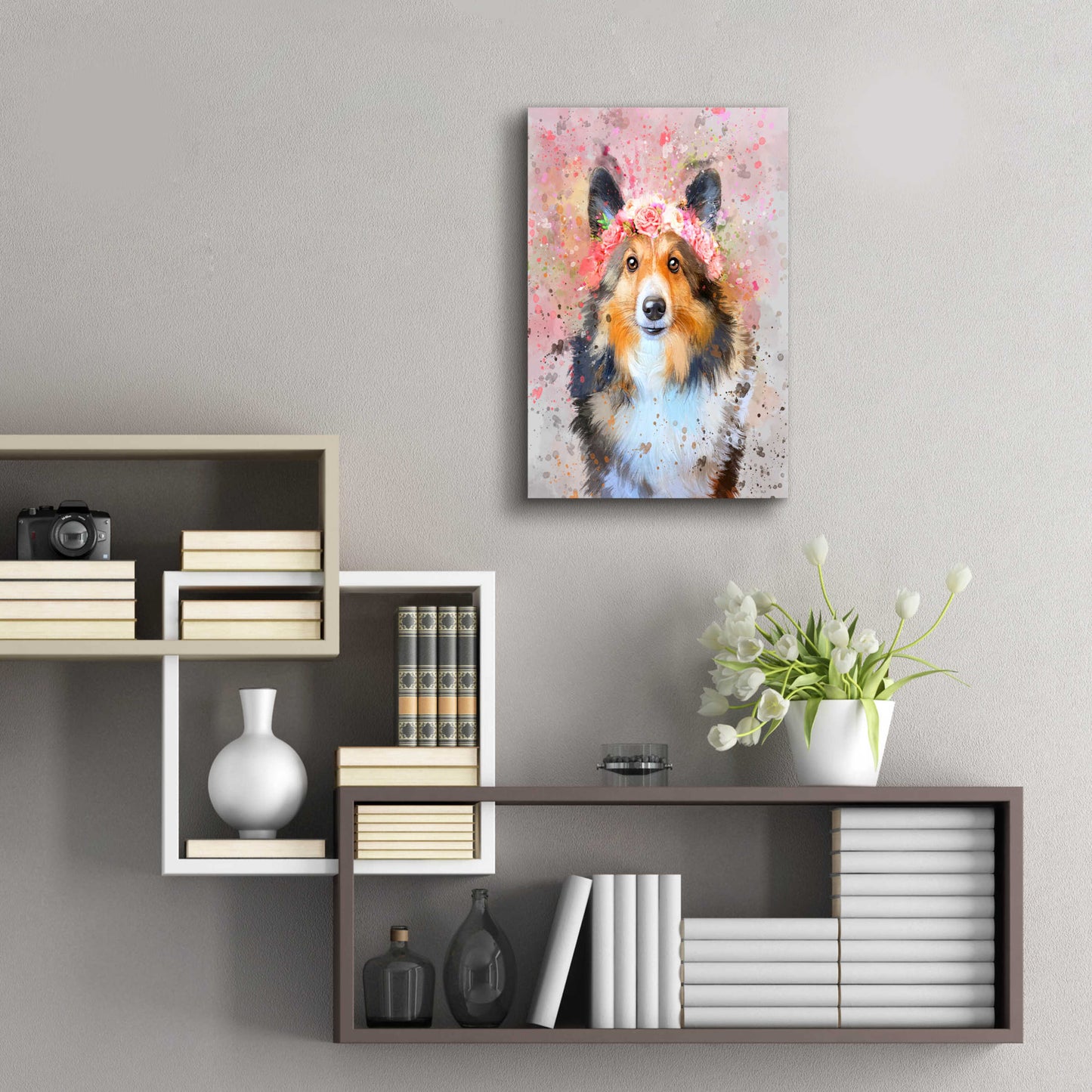 Epic Art 'Flower Crown Shetland Sheepdog 2' by Furbaby Affiliates, Acrylic Glass Wall Art,16x24