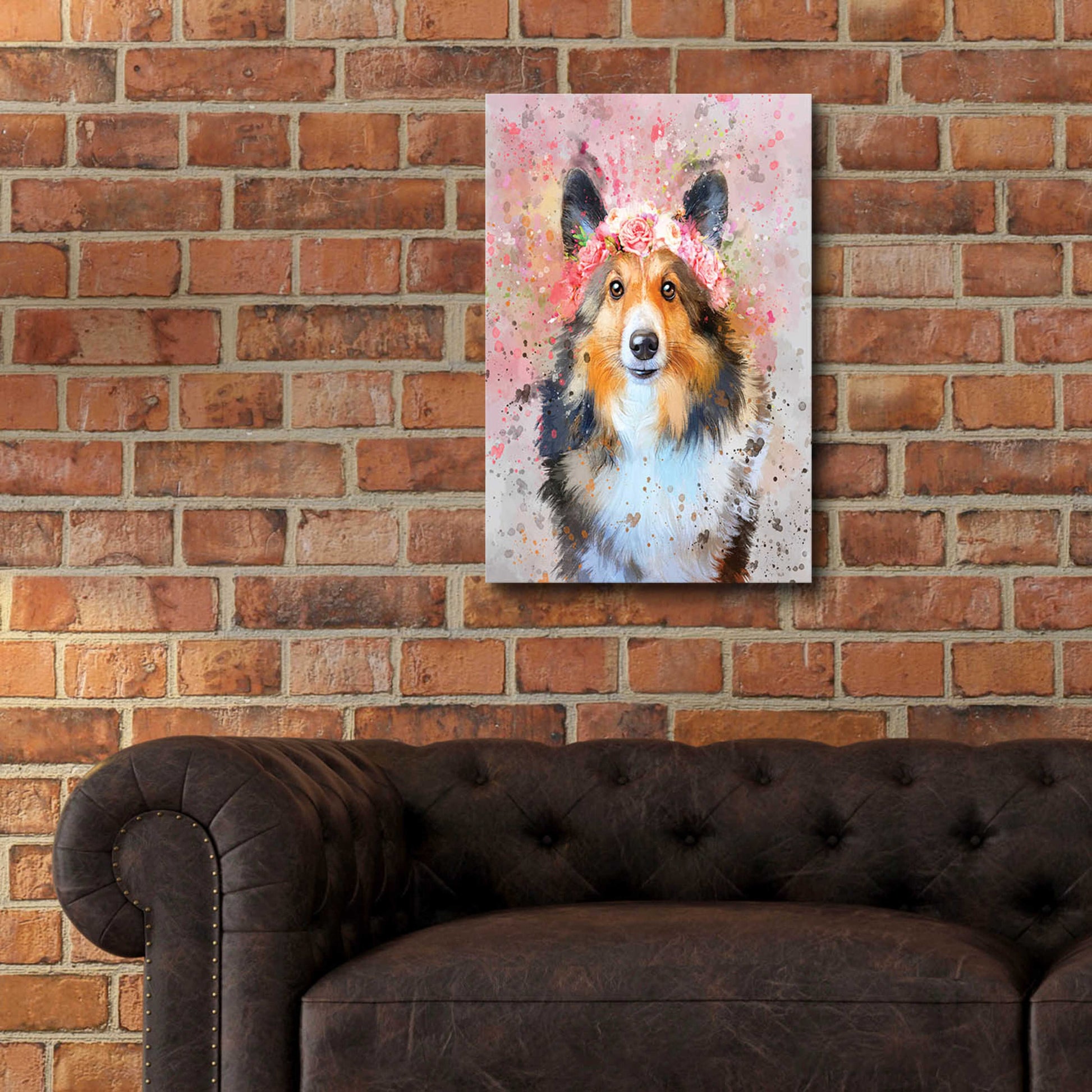 Epic Art 'Flower Crown Shetland Sheepdog 2' by Furbaby Affiliates, Acrylic Glass Wall Art,16x24