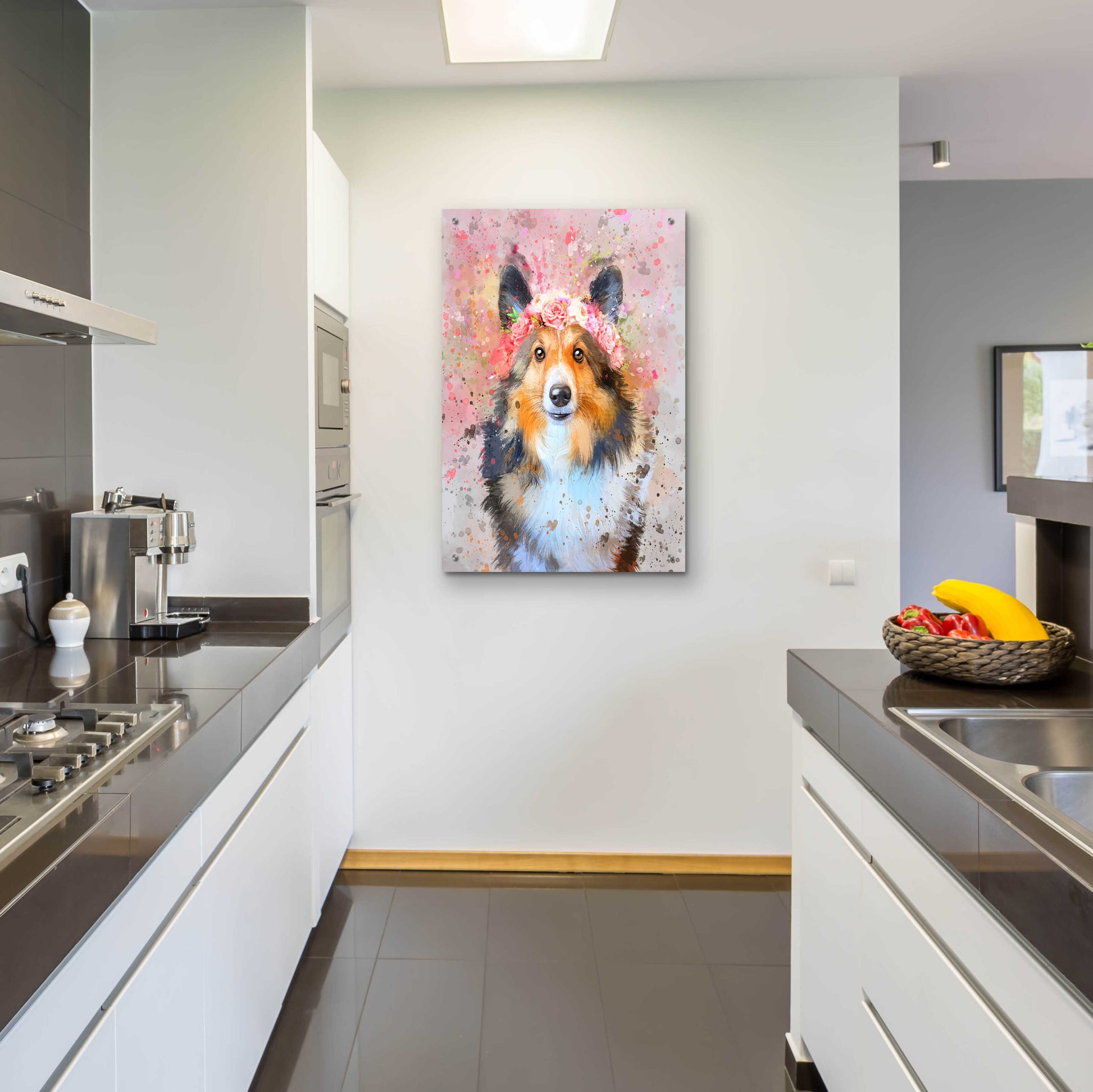 Epic Art 'Flower Crown Shetland Sheepdog 2' by Furbaby Affiliates, Acrylic Glass Wall Art,24x36