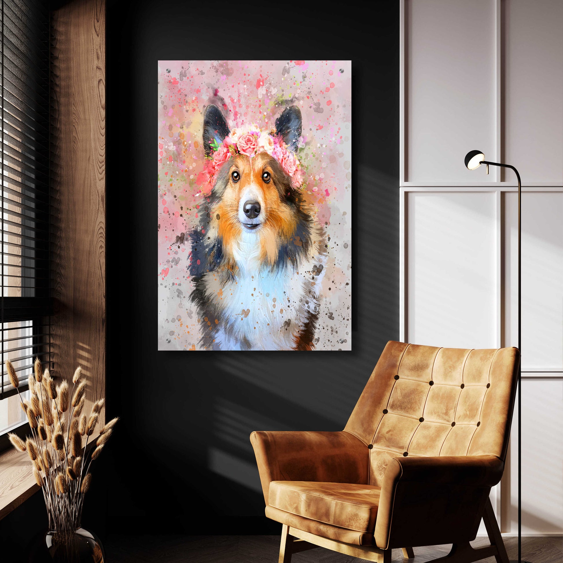 Epic Art 'Flower Crown Shetland Sheepdog 2' by Furbaby Affiliates, Acrylic Glass Wall Art,24x36