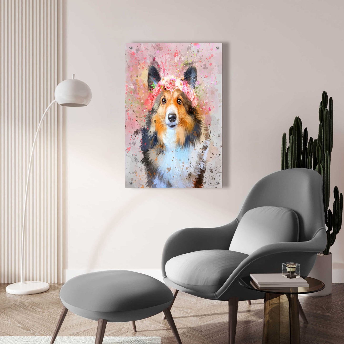 Epic Art 'Flower Crown Shetland Sheepdog 2' by Furbaby Affiliates, Acrylic Glass Wall Art,24x36