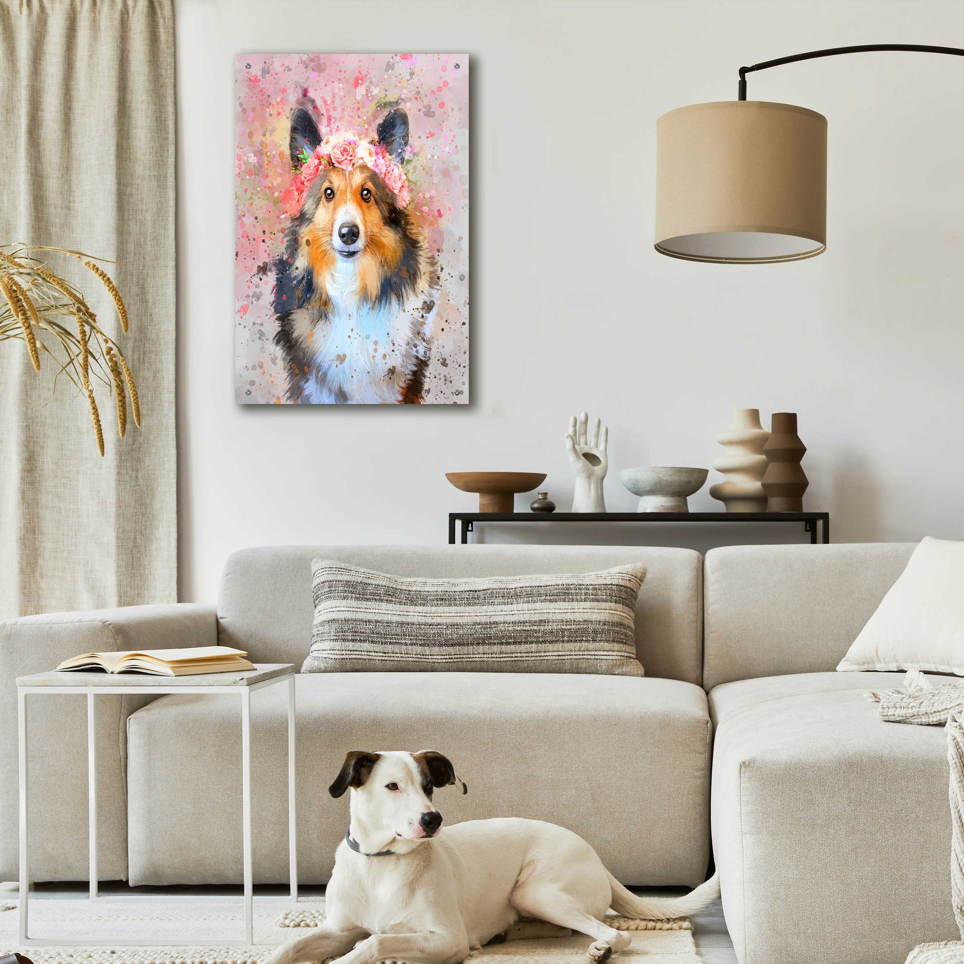 Epic Art 'Flower Crown Shetland Sheepdog 2' by Furbaby Affiliates, Acrylic Glass Wall Art,24x36