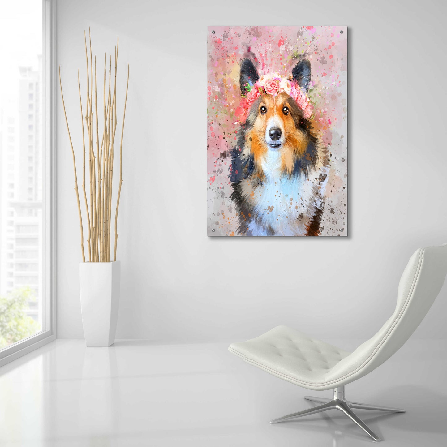 Epic Art 'Flower Crown Shetland Sheepdog 2' by Furbaby Affiliates, Acrylic Glass Wall Art,24x36