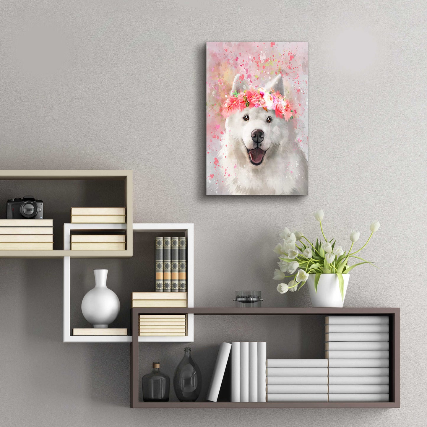 Epic Art 'Flower Crown Samoyed' by Furbaby Affiliates, Acrylic Glass Wall Art,16x24