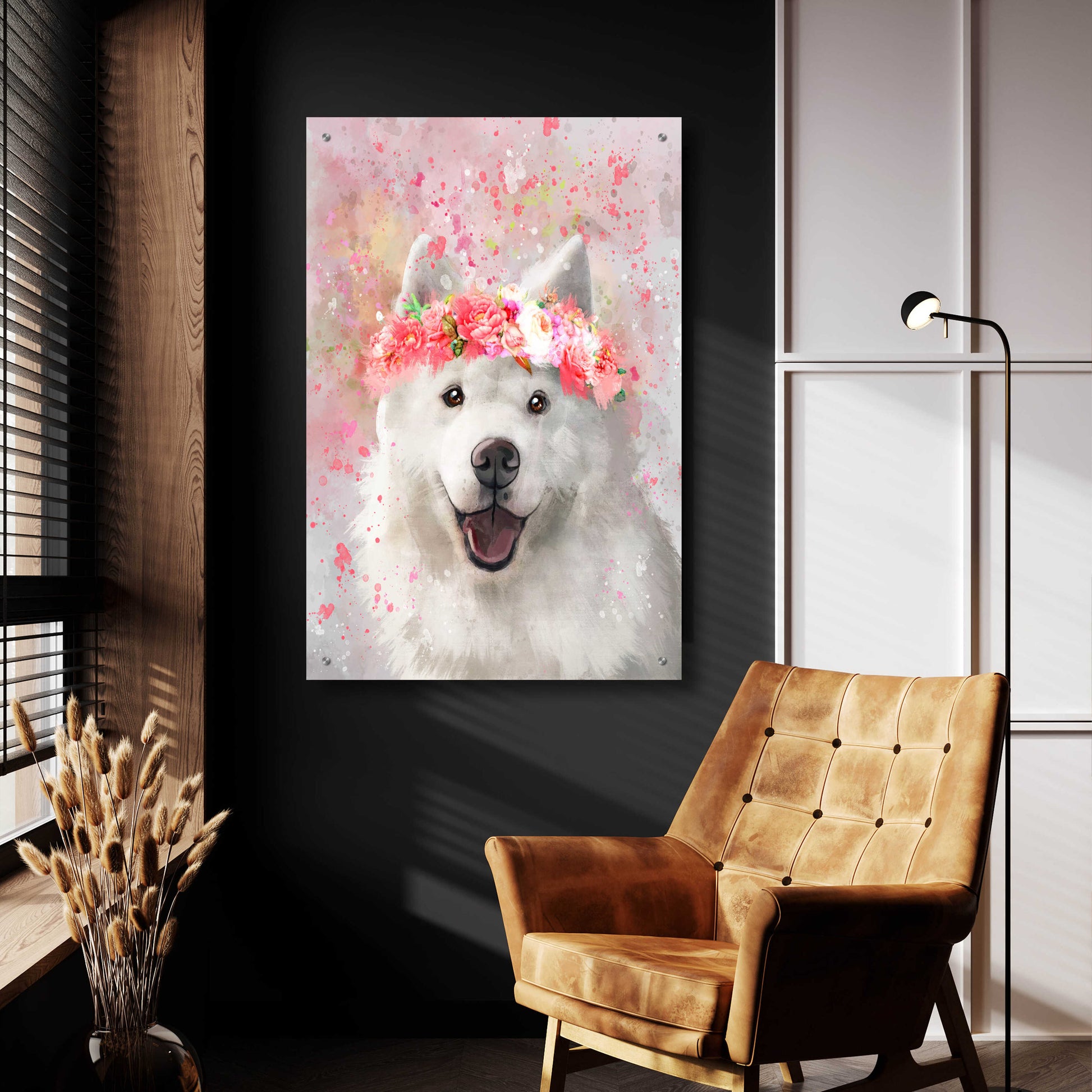 Epic Art 'Flower Crown Samoyed' by Furbaby Affiliates, Acrylic Glass Wall Art,24x36