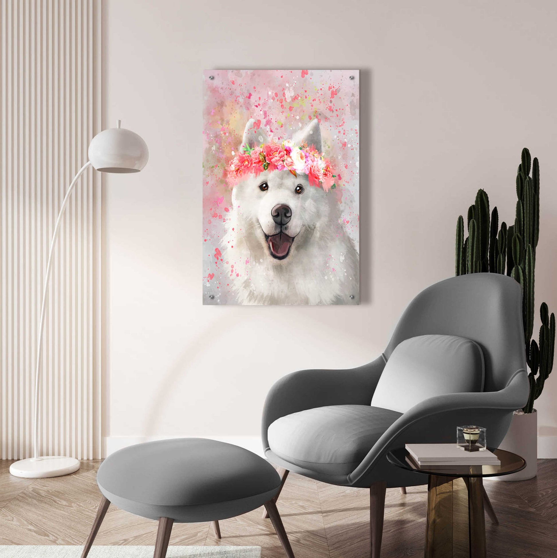 Epic Art 'Flower Crown Samoyed' by Furbaby Affiliates, Acrylic Glass Wall Art,24x36