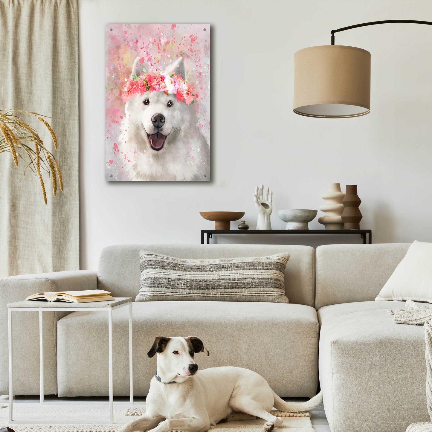 Epic Art 'Flower Crown Samoyed' by Furbaby Affiliates, Acrylic Glass Wall Art,24x36