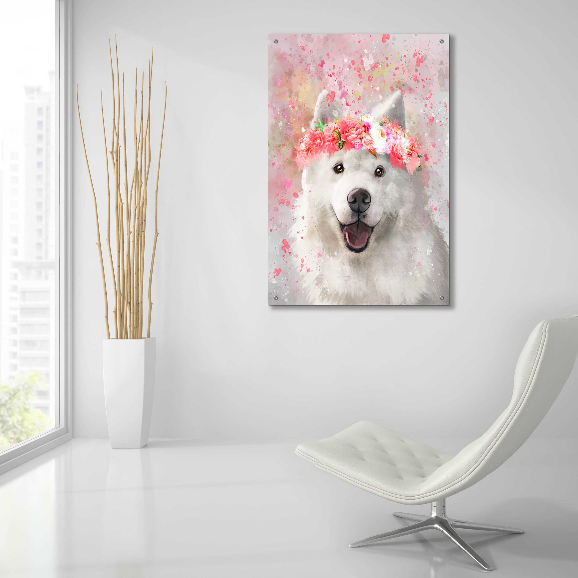 Epic Art 'Flower Crown Samoyed' by Furbaby Affiliates, Acrylic Glass Wall Art,24x36