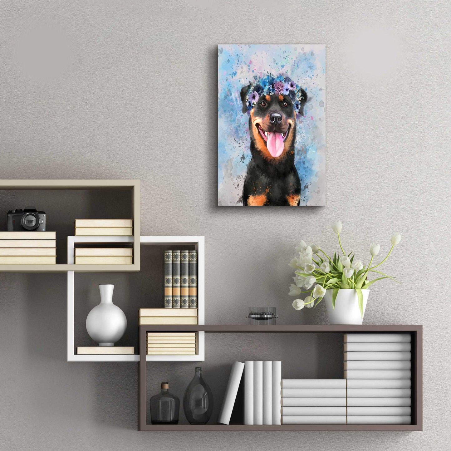 Epic Art 'Flower Crown Rottweiler' by Furbaby Affiliates, Acrylic Glass Wall Art,16x24