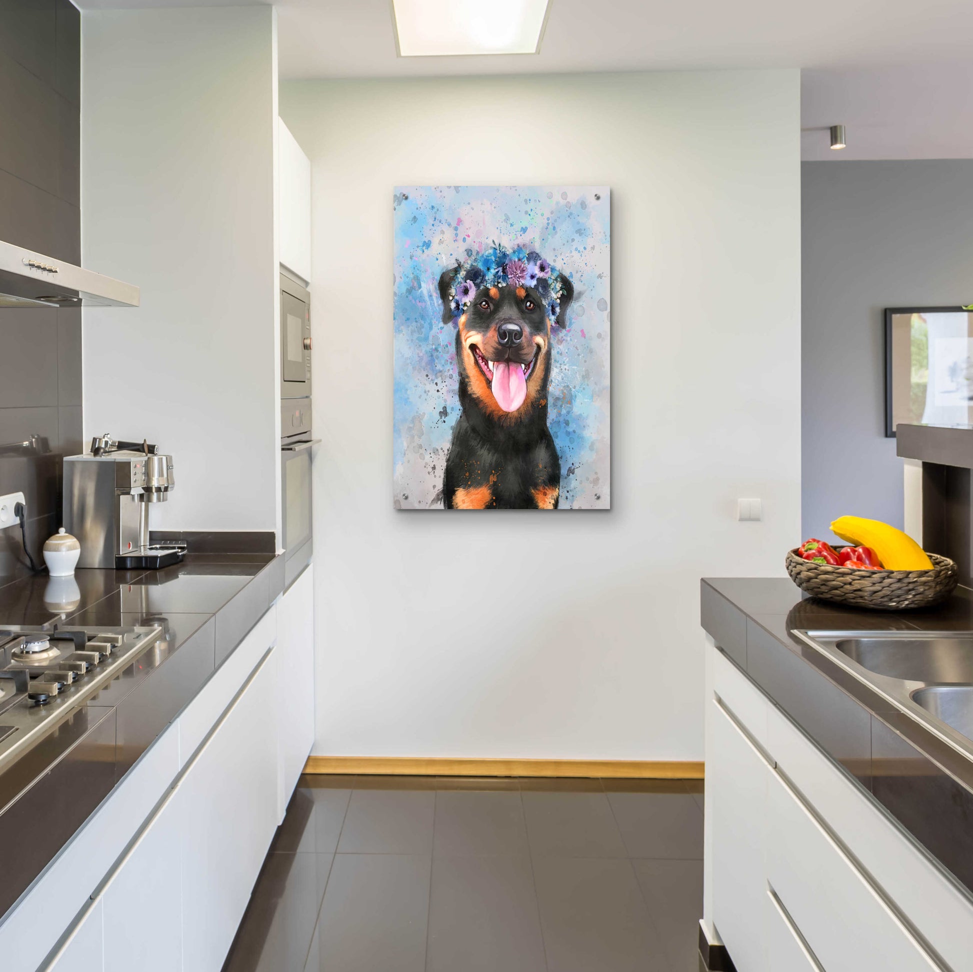 Epic Art 'Flower Crown Rottweiler' by Furbaby Affiliates, Acrylic Glass Wall Art,24x36