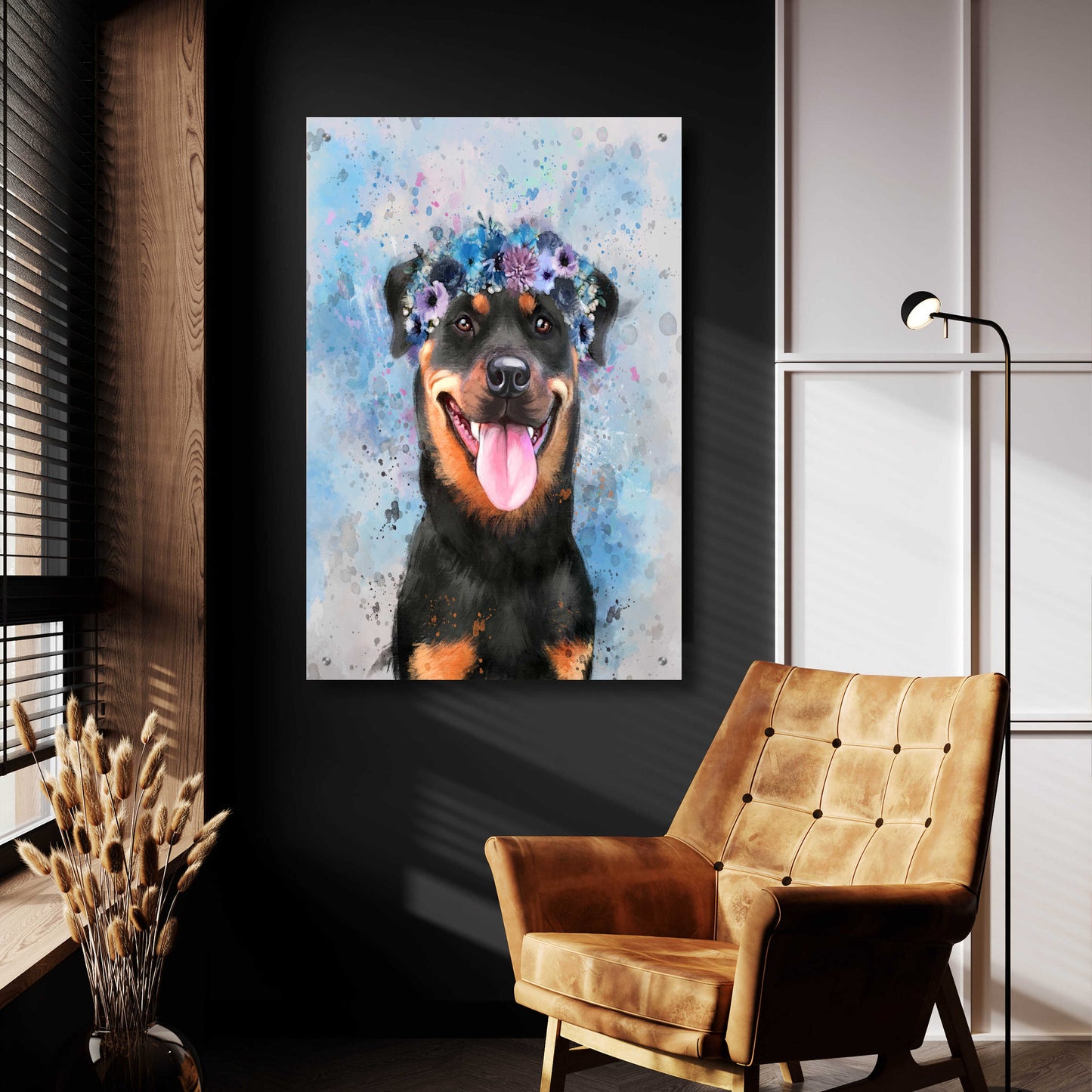 Epic Art 'Flower Crown Rottweiler' by Furbaby Affiliates, Acrylic Glass Wall Art,24x36