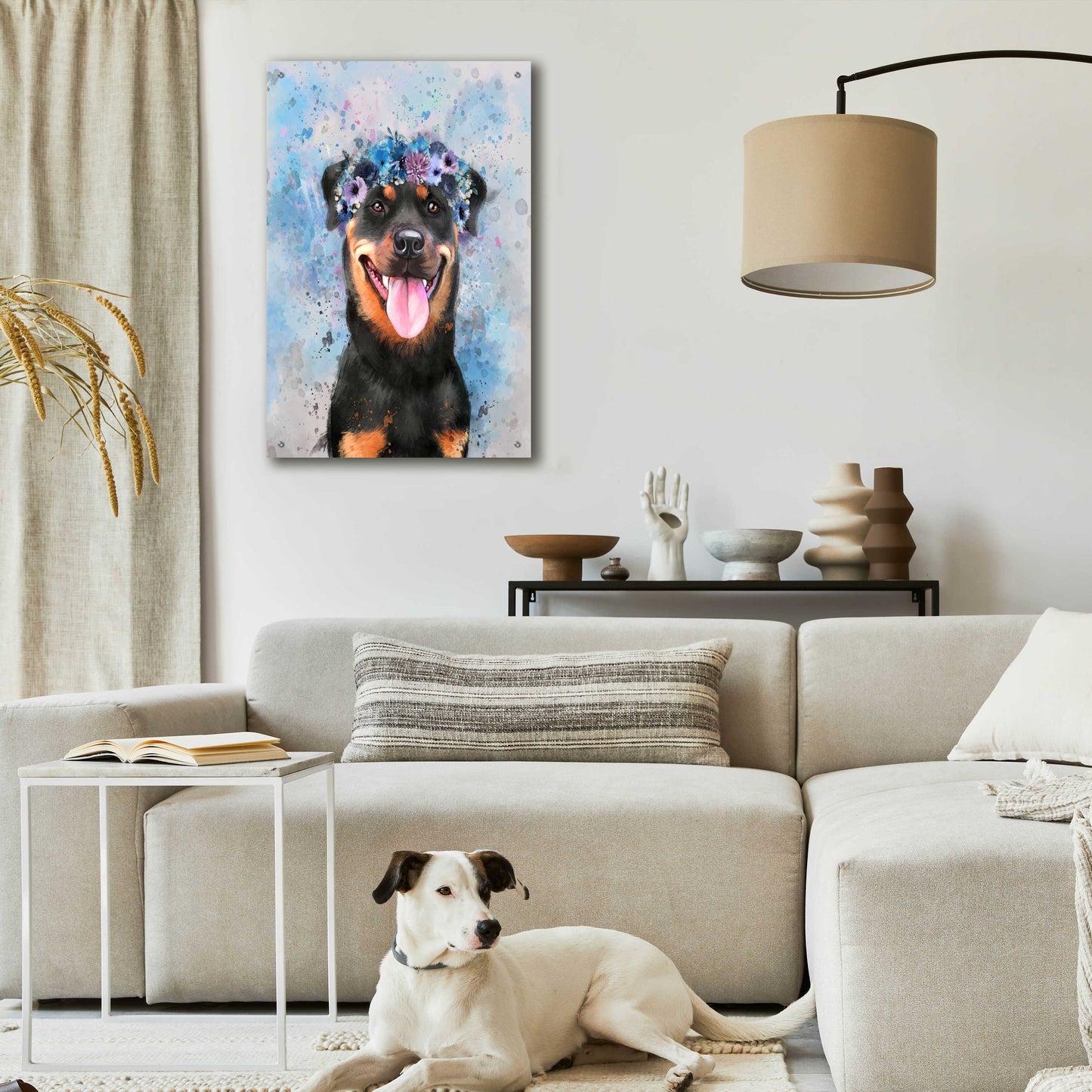 Epic Art 'Flower Crown Rottweiler' by Furbaby Affiliates, Acrylic Glass Wall Art,24x36