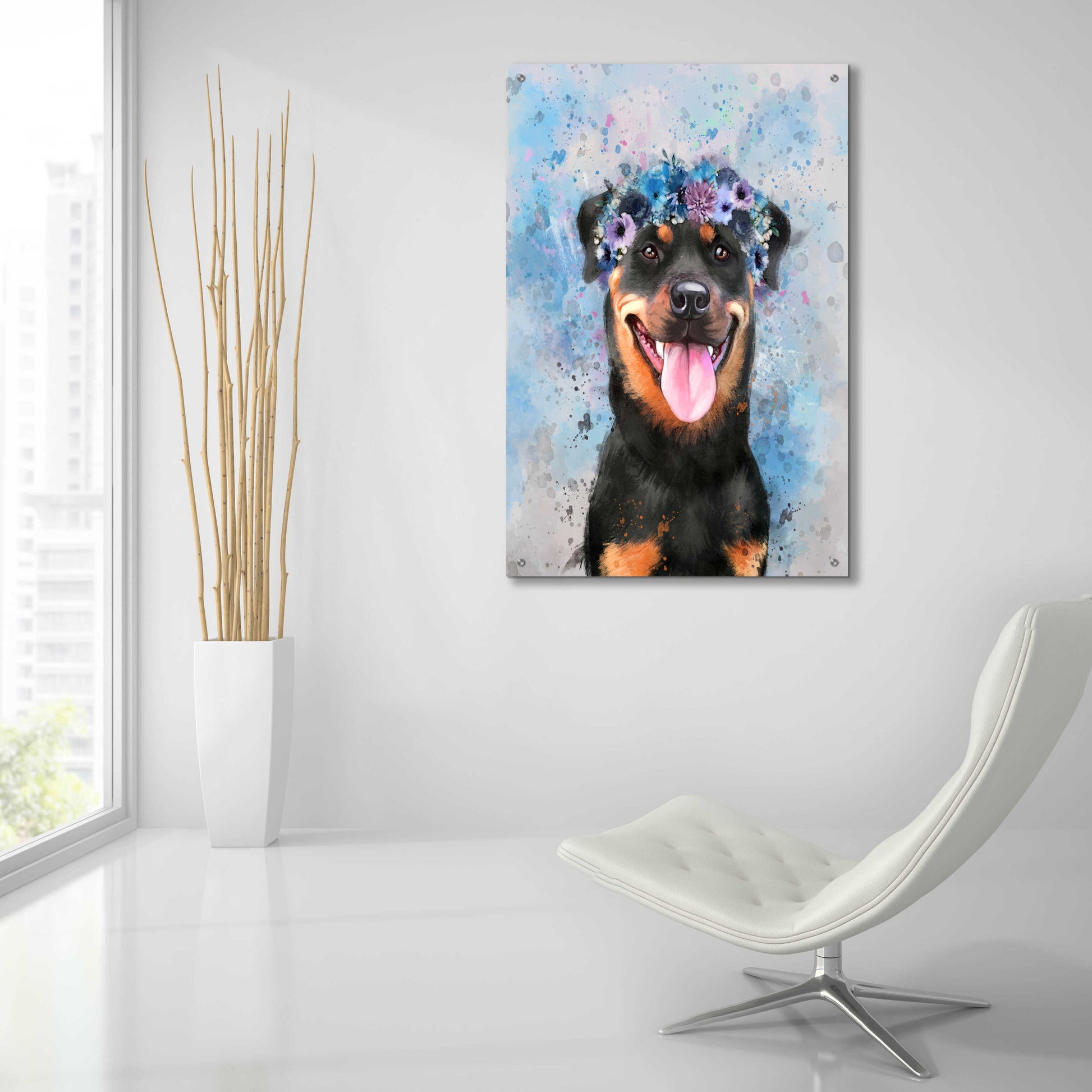 Epic Art 'Flower Crown Rottweiler' by Furbaby Affiliates, Acrylic Glass Wall Art,24x36