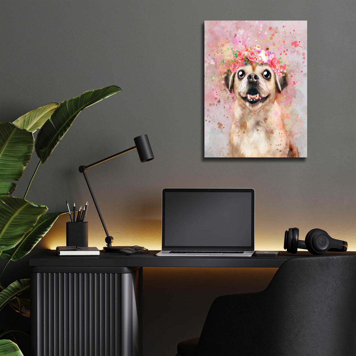 Epic Art 'Flower Crown Puggle' by Furbaby Affiliates, Acrylic Glass Wall Art,12x16