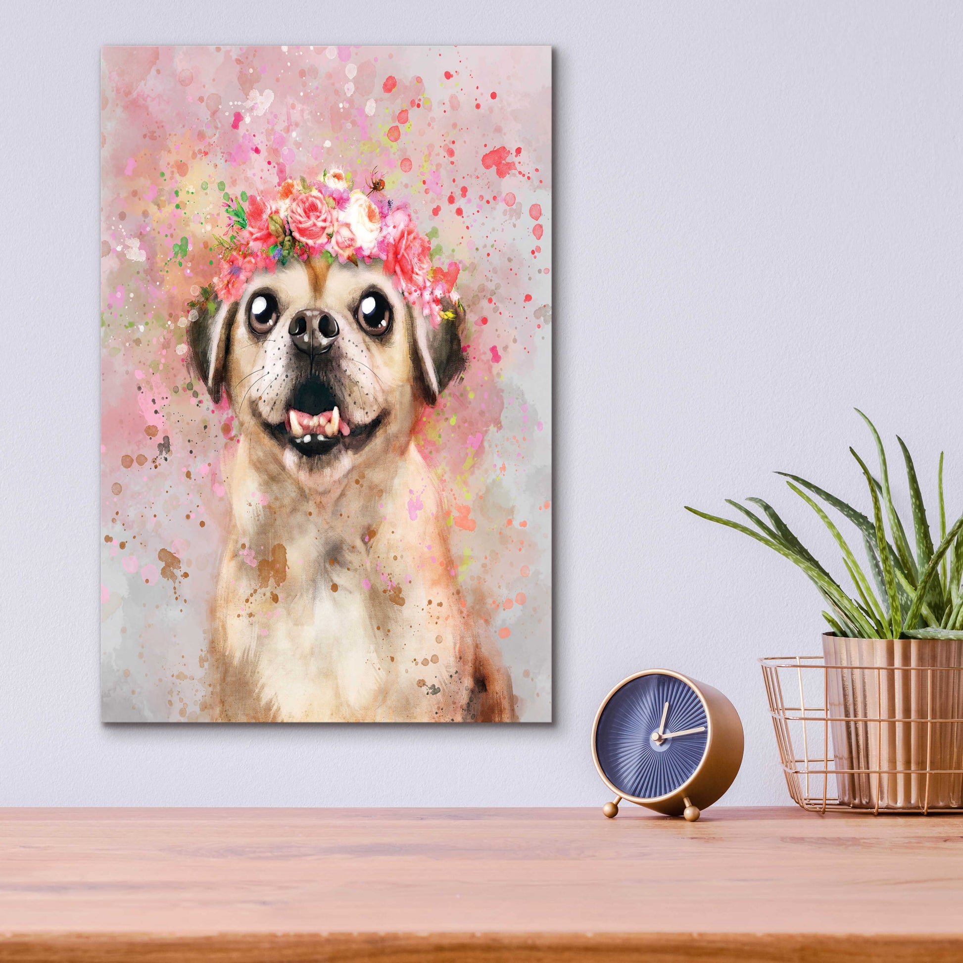 Epic Art 'Flower Crown Puggle' by Furbaby Affiliates, Acrylic Glass Wall Art,12x16