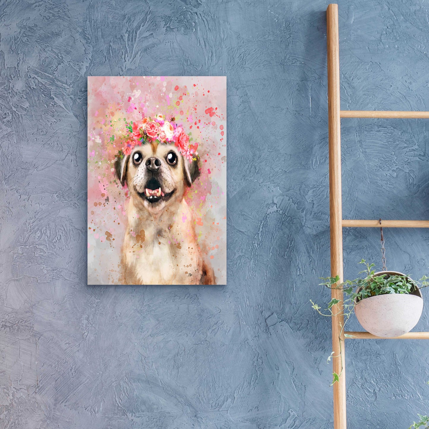 Epic Art 'Flower Crown Puggle' by Furbaby Affiliates, Acrylic Glass Wall Art,16x24