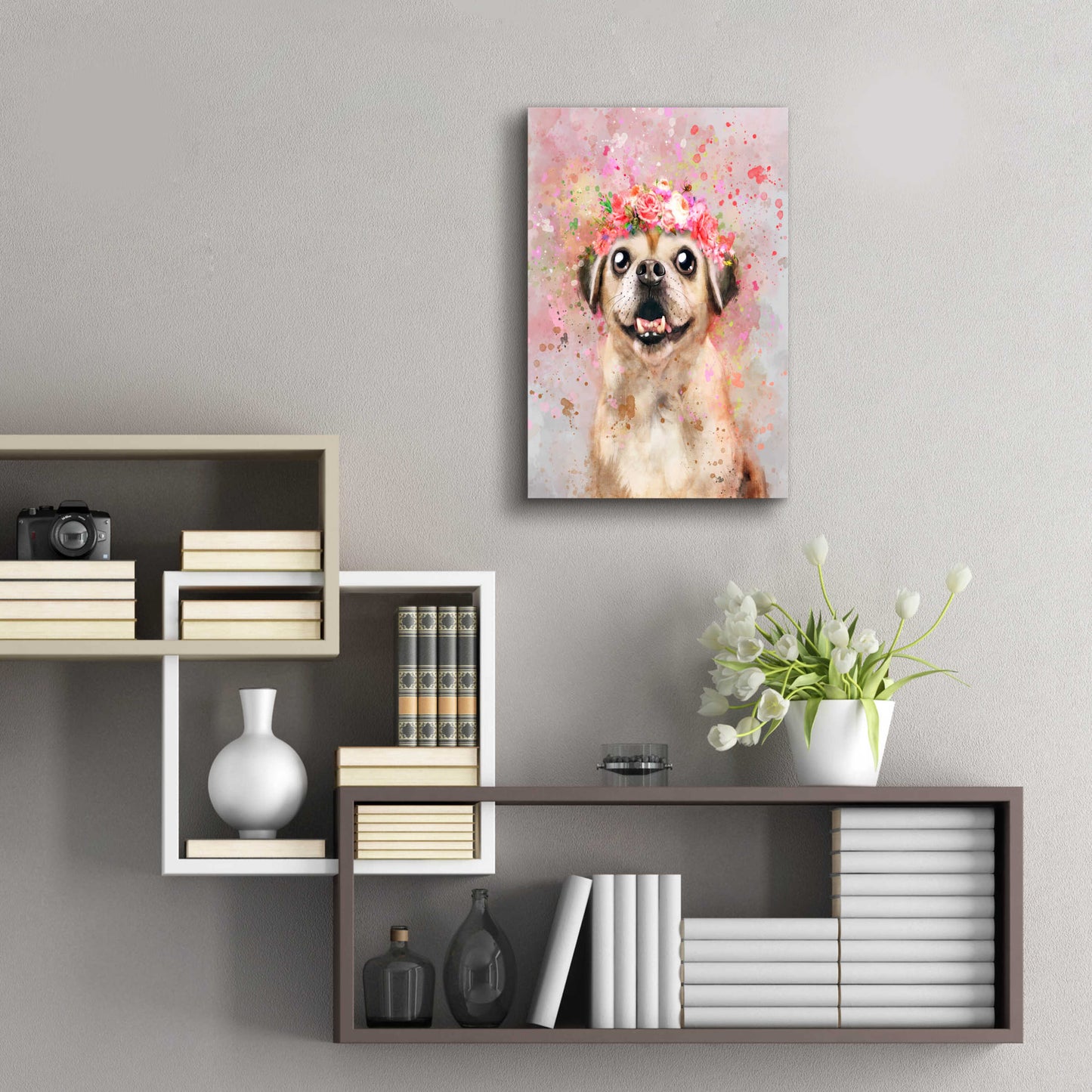 Epic Art 'Flower Crown Puggle' by Furbaby Affiliates, Acrylic Glass Wall Art,16x24