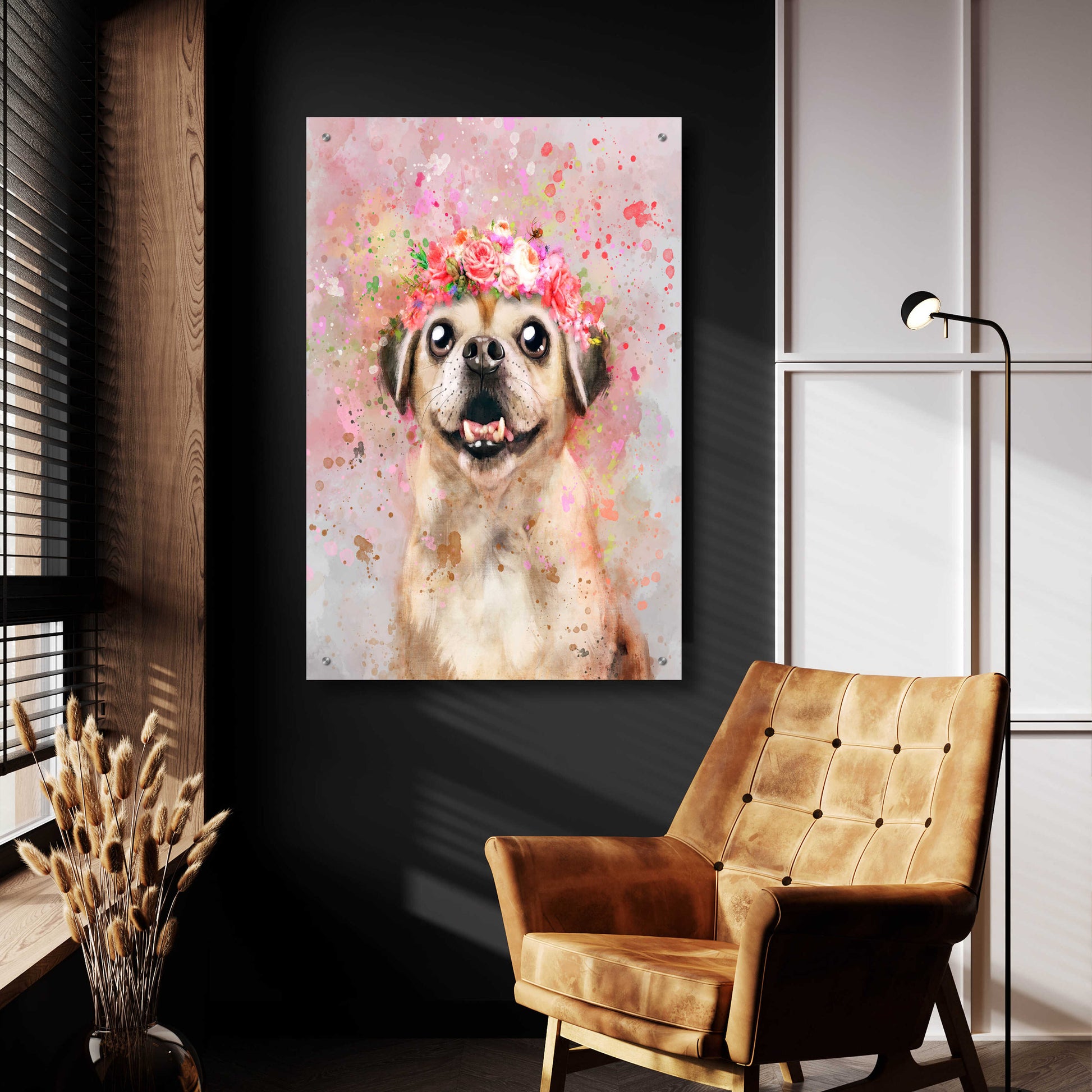 Epic Art 'Flower Crown Puggle' by Furbaby Affiliates, Acrylic Glass Wall Art,24x36