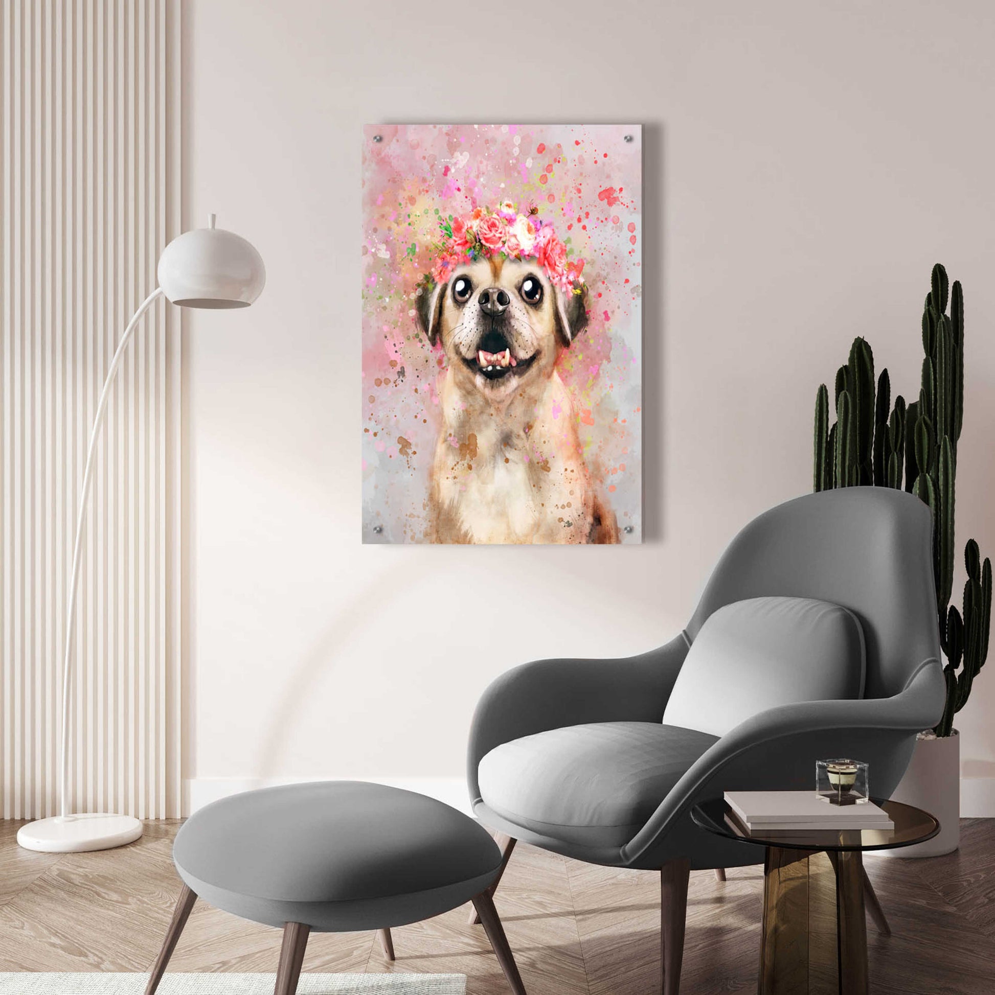 Epic Art 'Flower Crown Puggle' by Furbaby Affiliates, Acrylic Glass Wall Art,24x36