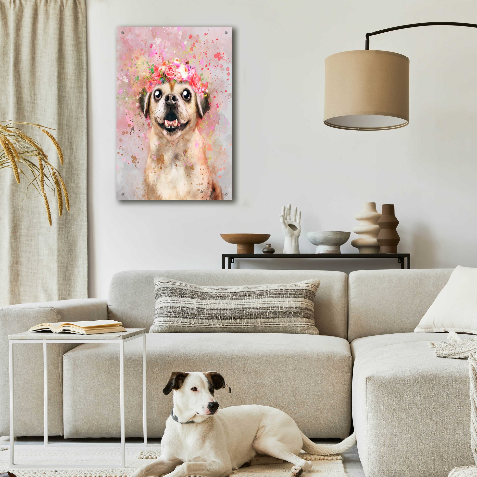 Epic Art 'Flower Crown Puggle' by Furbaby Affiliates, Acrylic Glass Wall Art,24x36