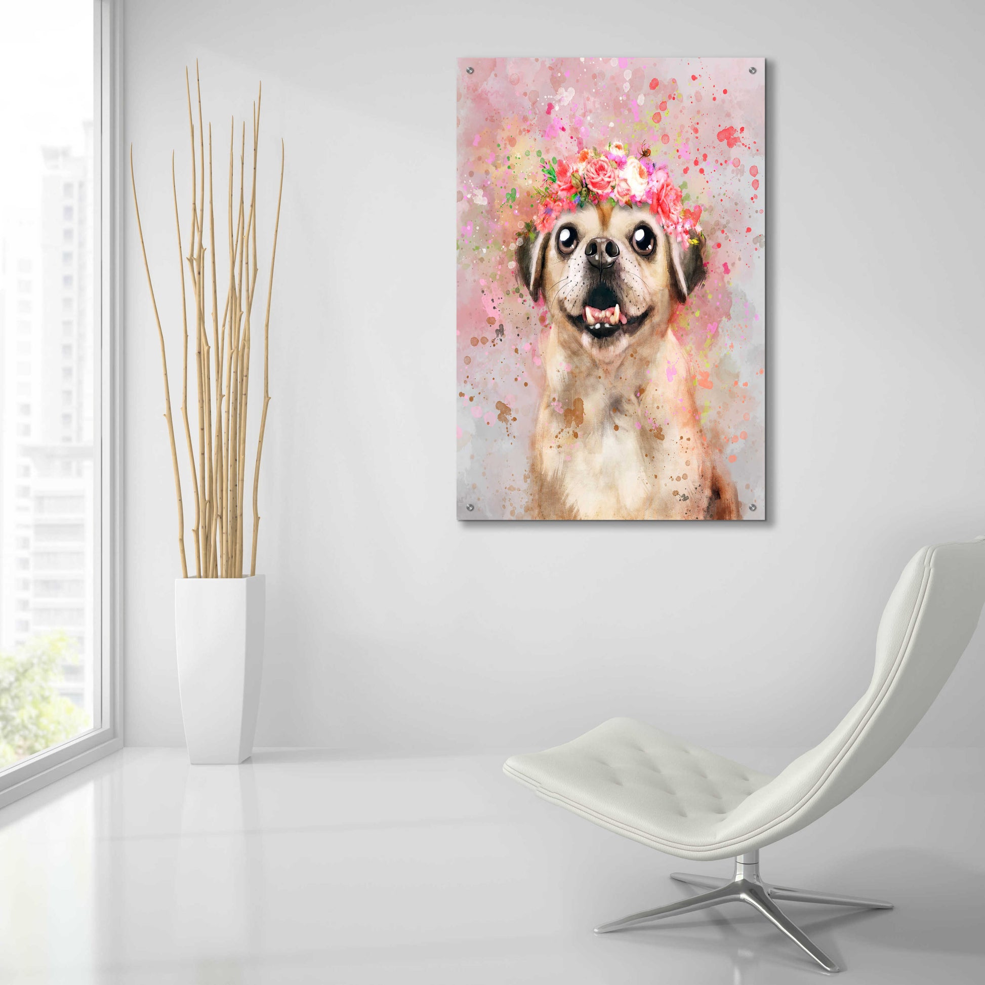 Epic Art 'Flower Crown Puggle' by Furbaby Affiliates, Acrylic Glass Wall Art,24x36