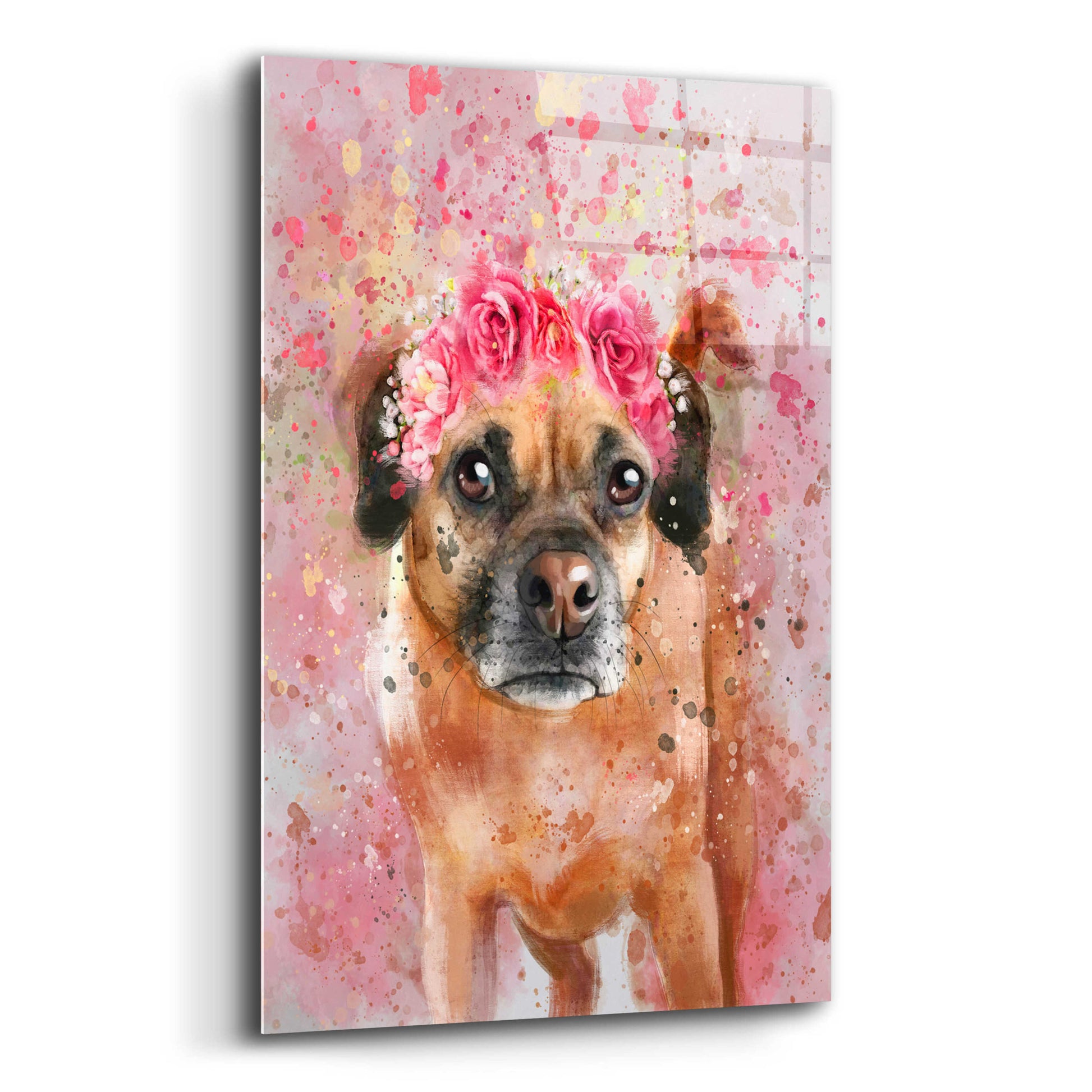 Epic Art 'Flower Crown Puggle 2' by Furbaby Affiliates, Acrylic Glass Wall Art,12x16