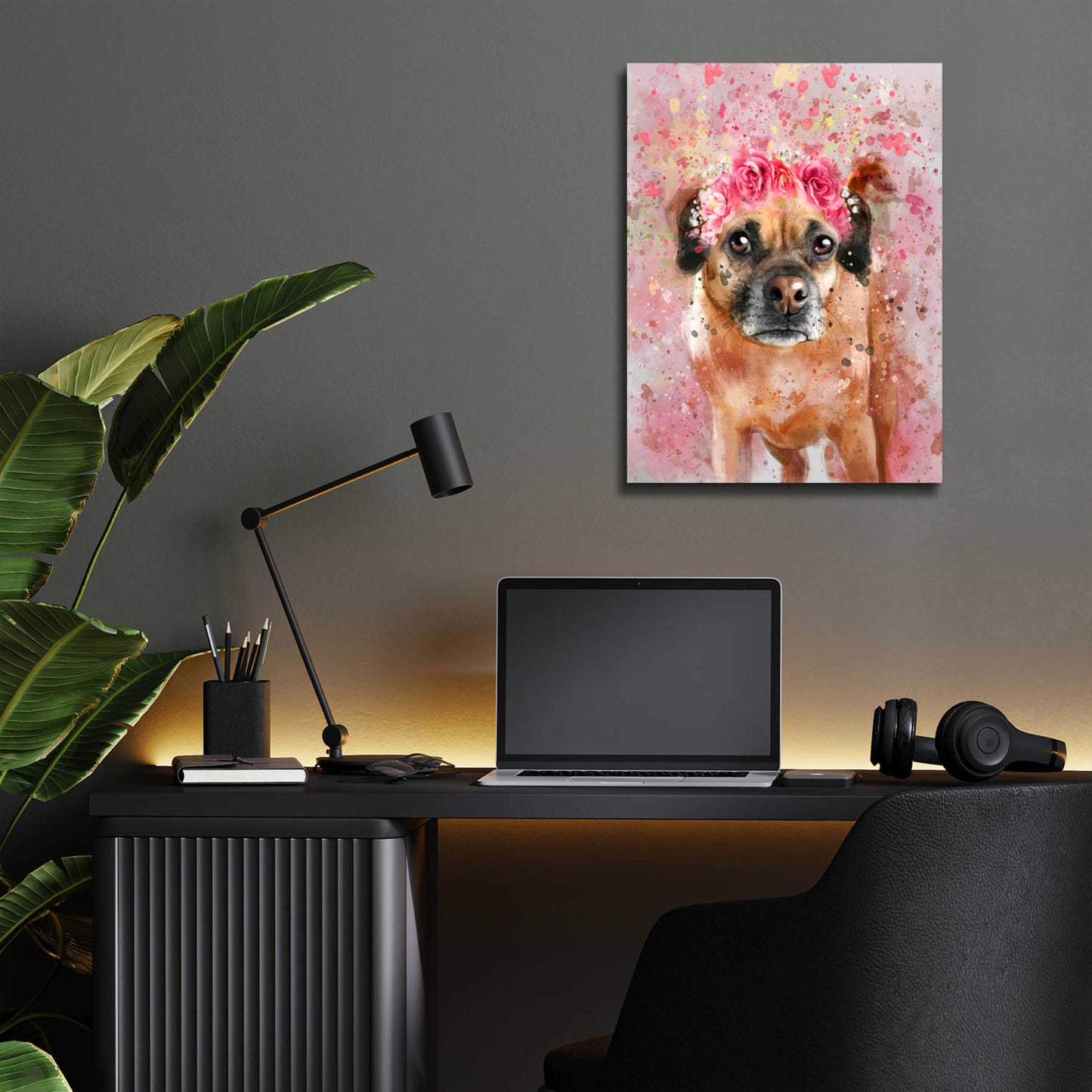 Epic Art 'Flower Crown Puggle 2' by Furbaby Affiliates, Acrylic Glass Wall Art,12x16