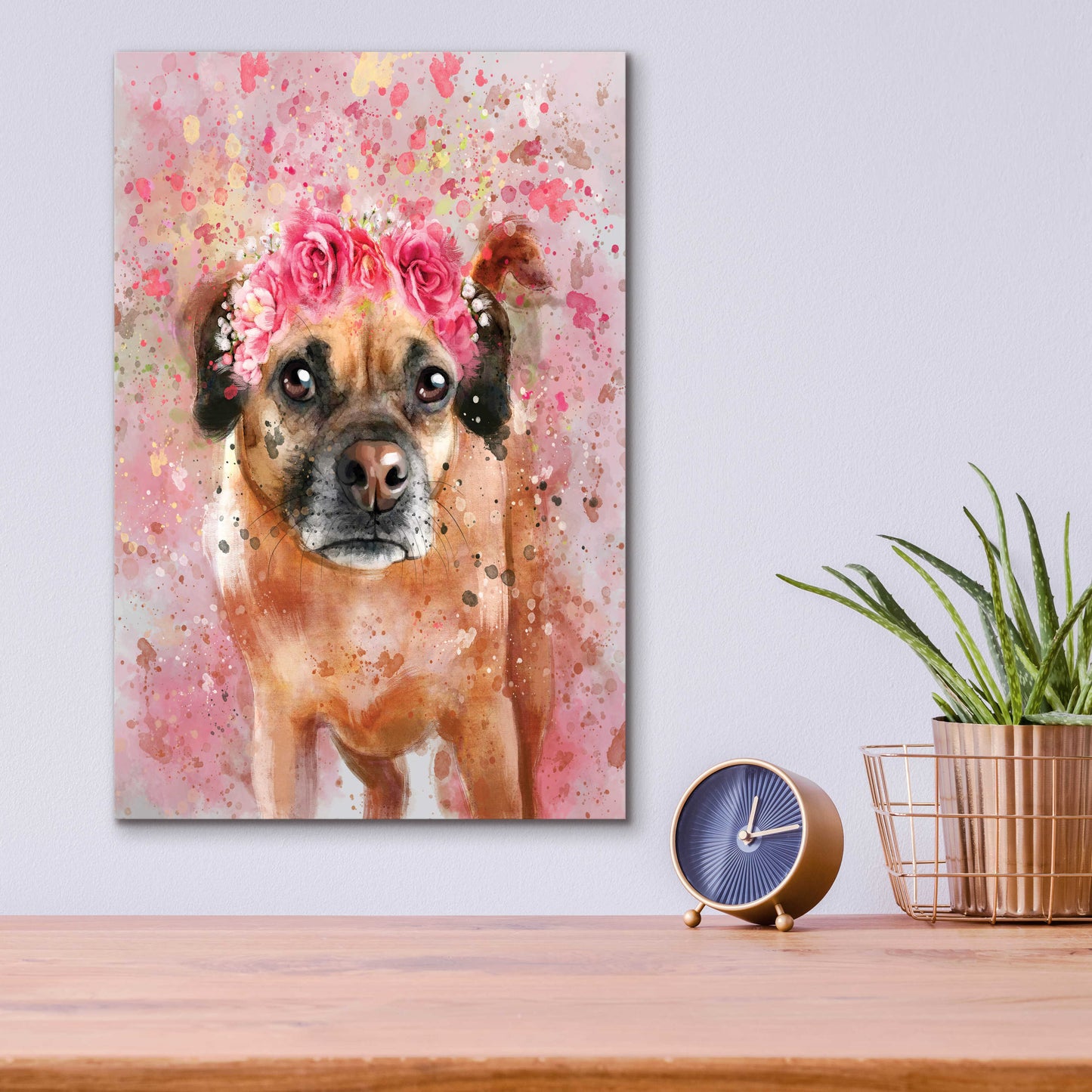 Epic Art 'Flower Crown Puggle 2' by Furbaby Affiliates, Acrylic Glass Wall Art,12x16