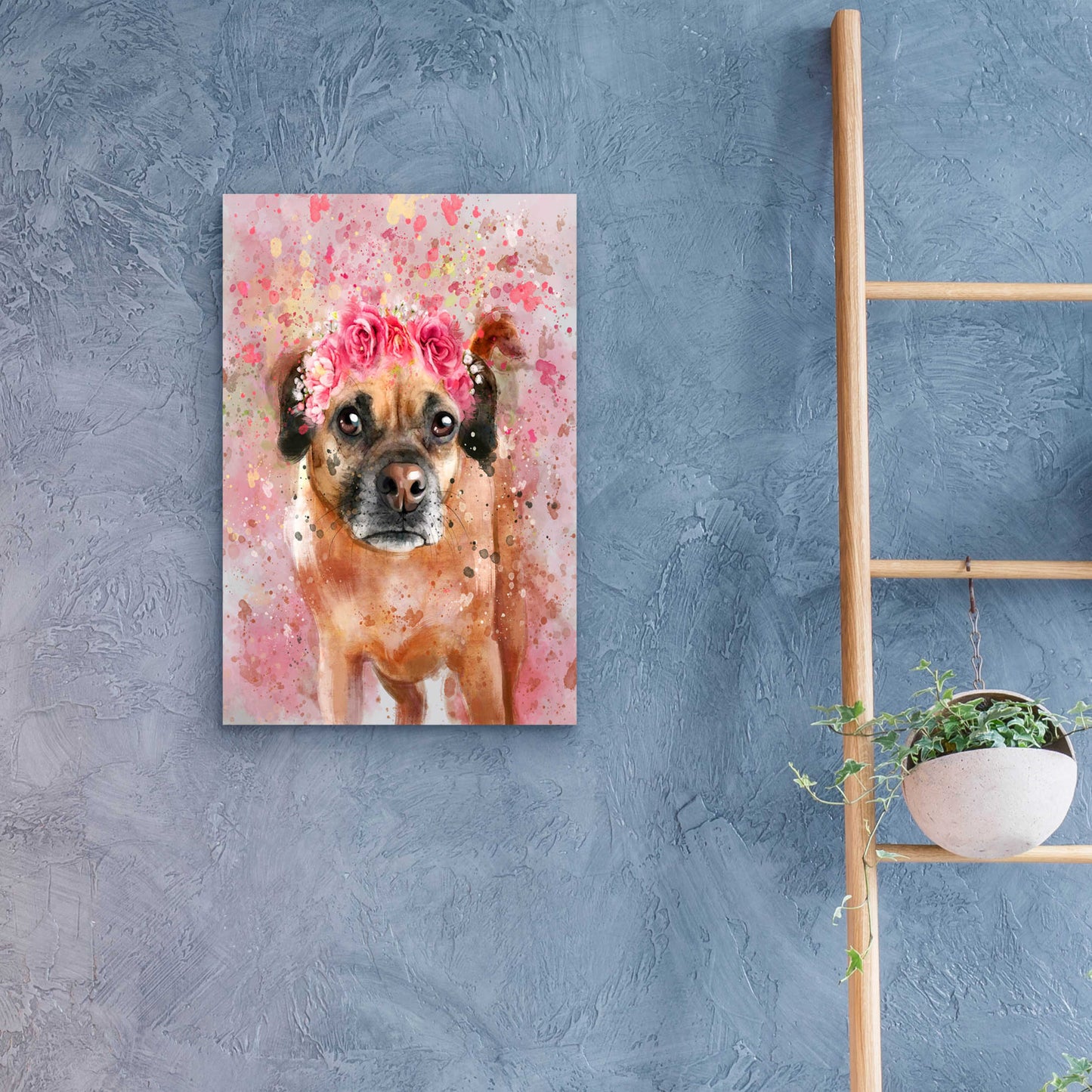 Epic Art 'Flower Crown Puggle 2' by Furbaby Affiliates, Acrylic Glass Wall Art,16x24