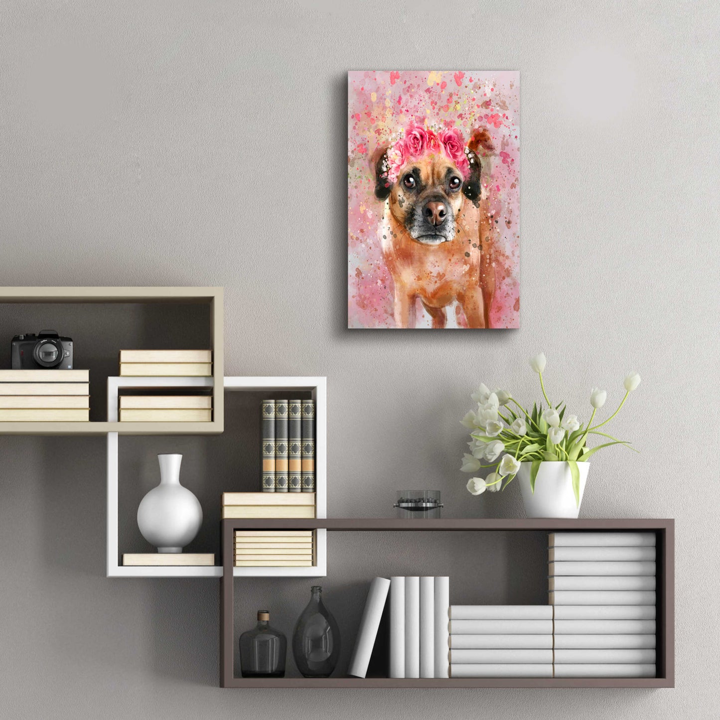 Epic Art 'Flower Crown Puggle 2' by Furbaby Affiliates, Acrylic Glass Wall Art,16x24