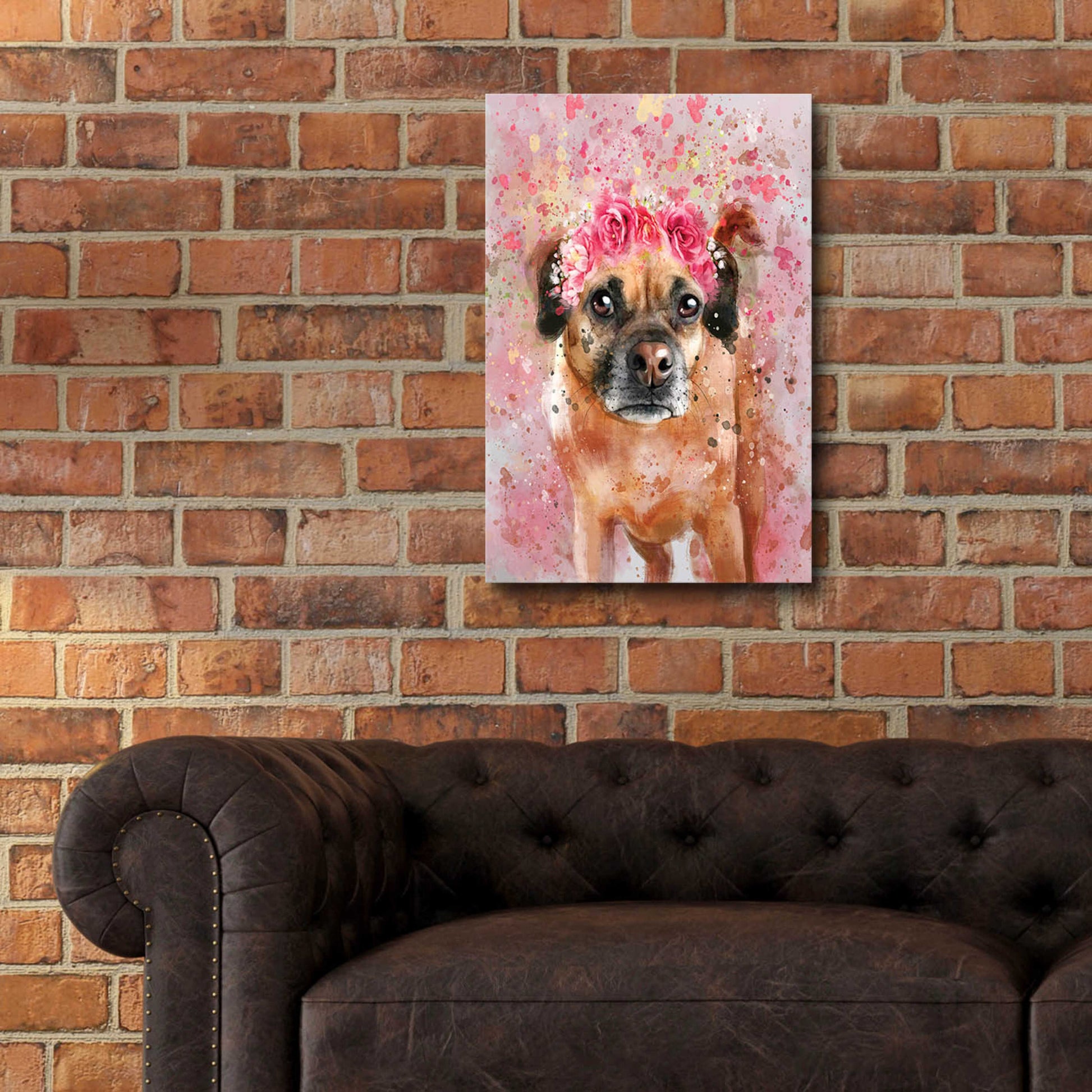 Epic Art 'Flower Crown Puggle 2' by Furbaby Affiliates, Acrylic Glass Wall Art,16x24