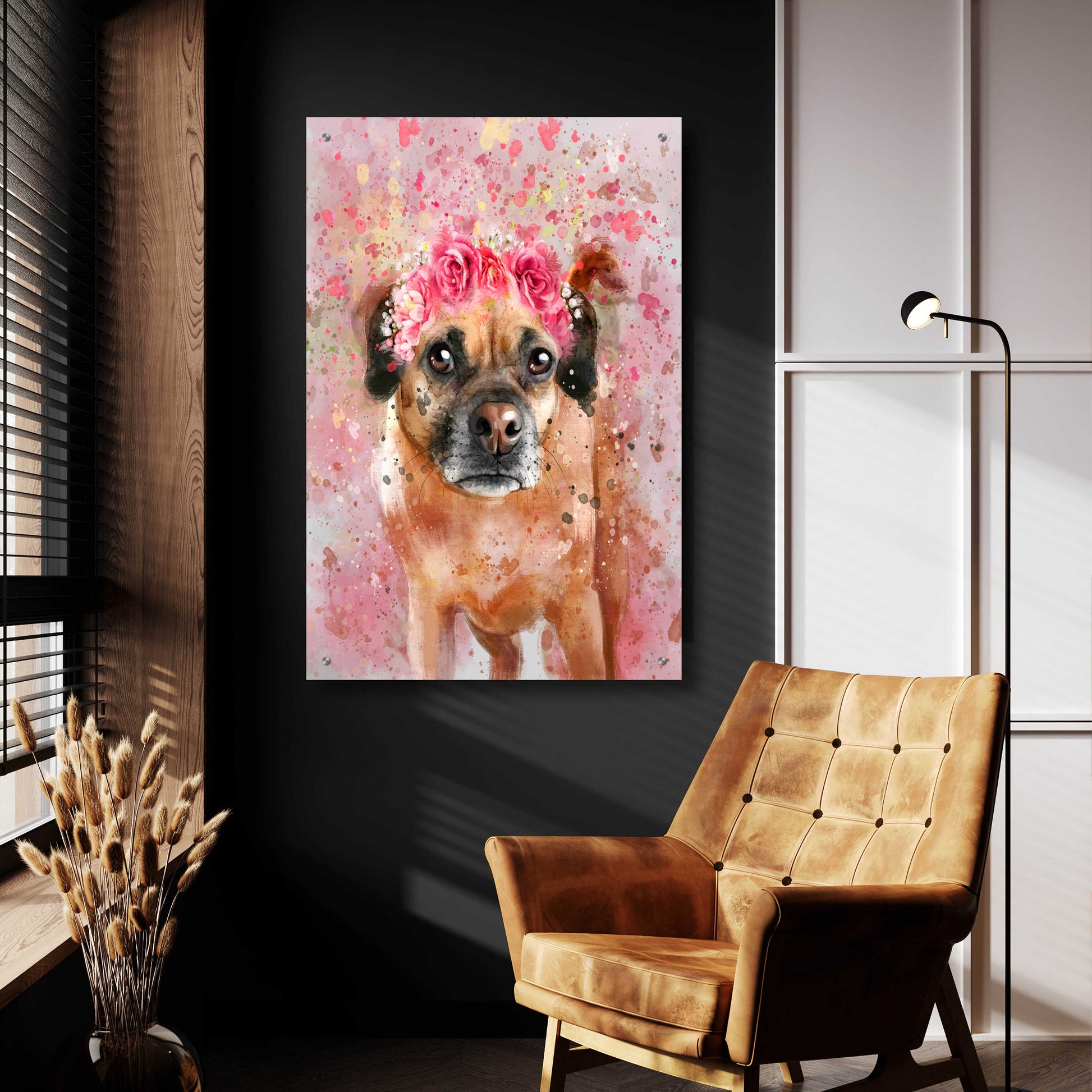 Epic Art 'Flower Crown Puggle 2' by Furbaby Affiliates, Acrylic Glass Wall Art,24x36