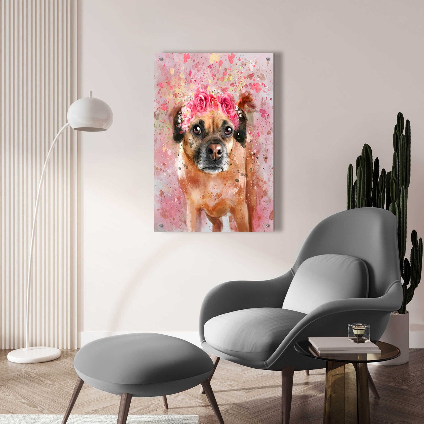 Epic Art 'Flower Crown Puggle 2' by Furbaby Affiliates, Acrylic Glass Wall Art,24x36