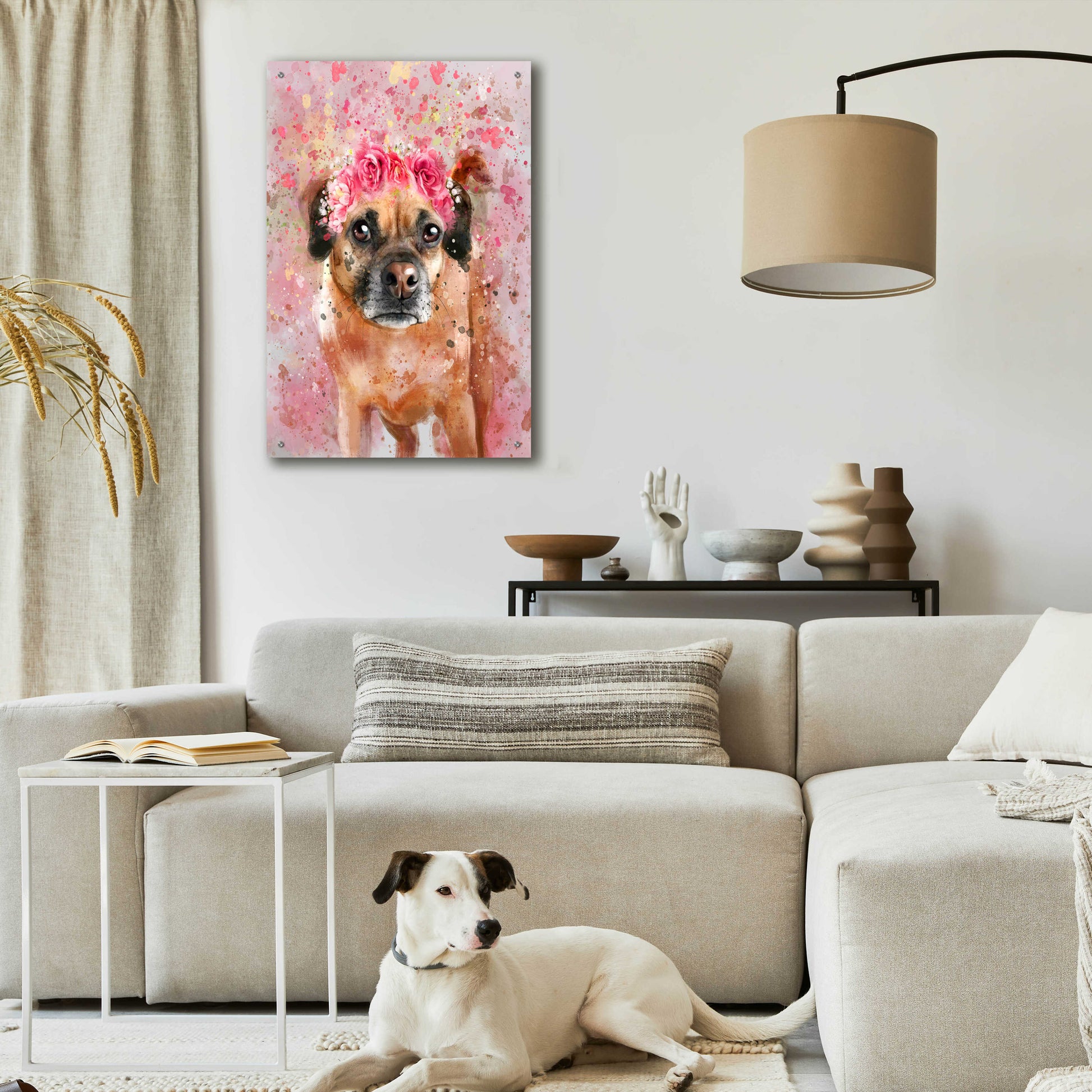 Epic Art 'Flower Crown Puggle 2' by Furbaby Affiliates, Acrylic Glass Wall Art,24x36