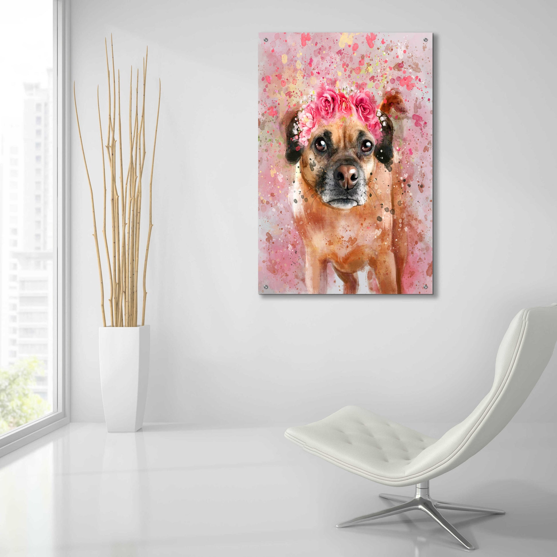 Epic Art 'Flower Crown Puggle 2' by Furbaby Affiliates, Acrylic Glass Wall Art,24x36