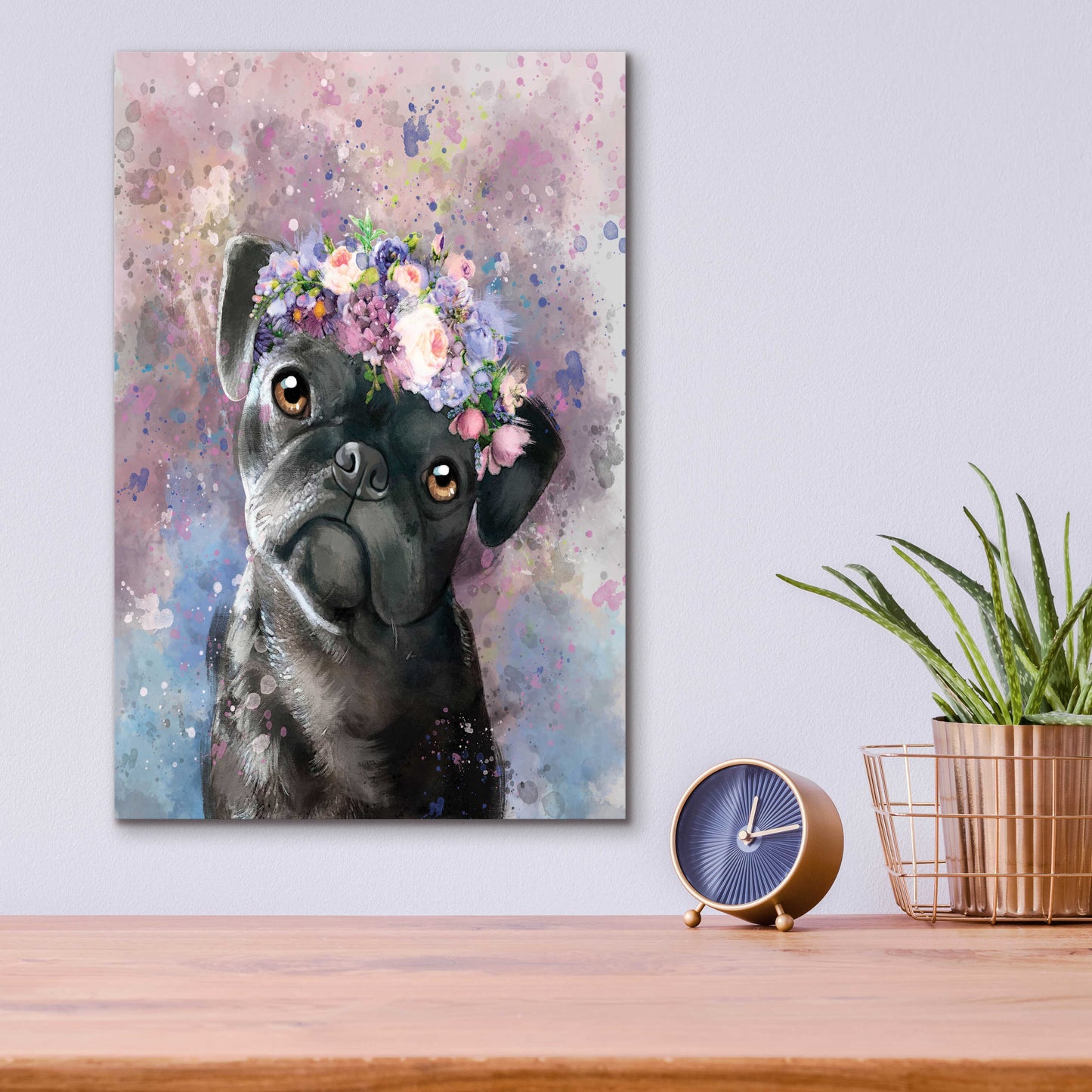 Epic Art 'Flower Crown Pug' by Furbaby Affiliates, Acrylic Glass Wall Art,12x16