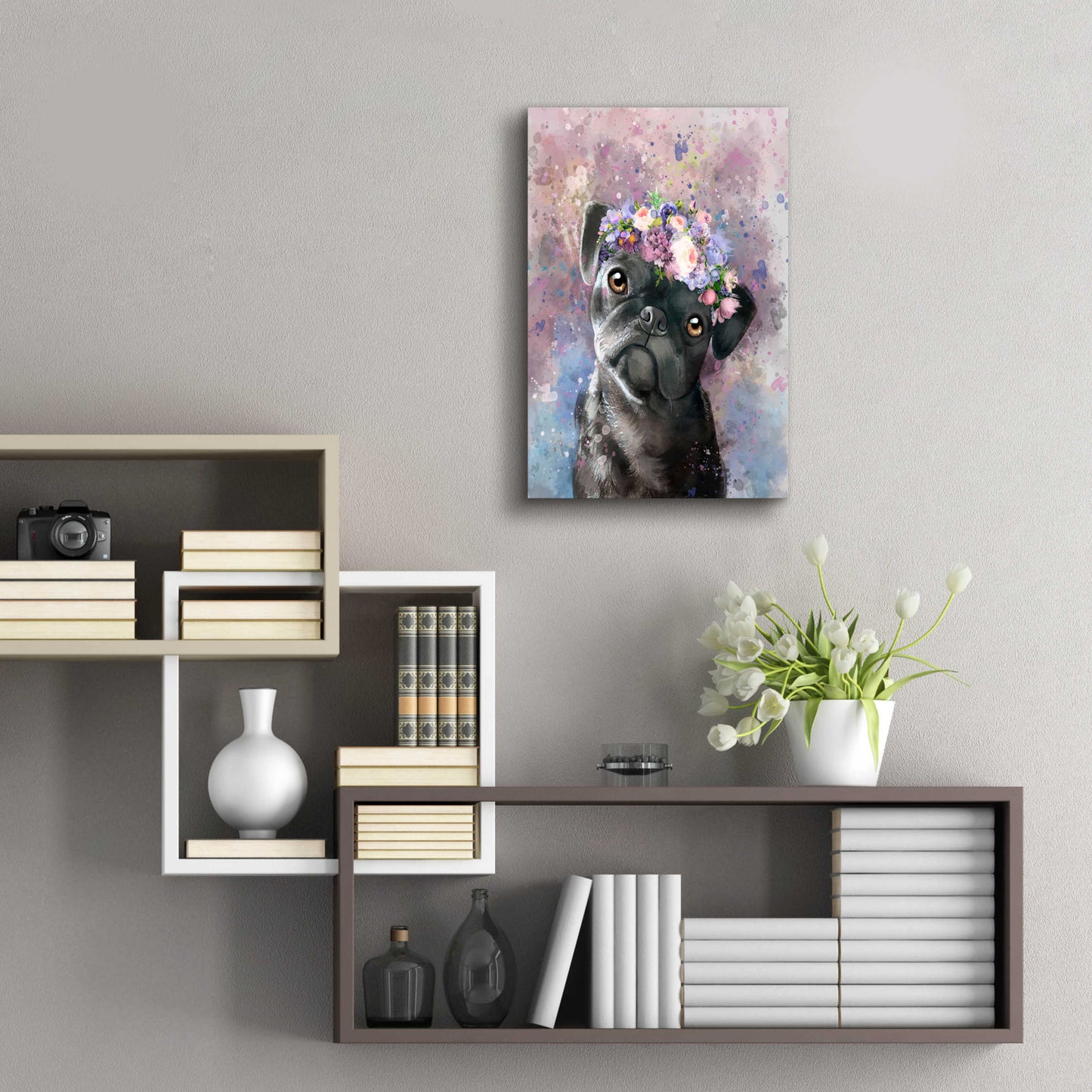 Epic Art 'Flower Crown Pug' by Furbaby Affiliates, Acrylic Glass Wall Art,16x24