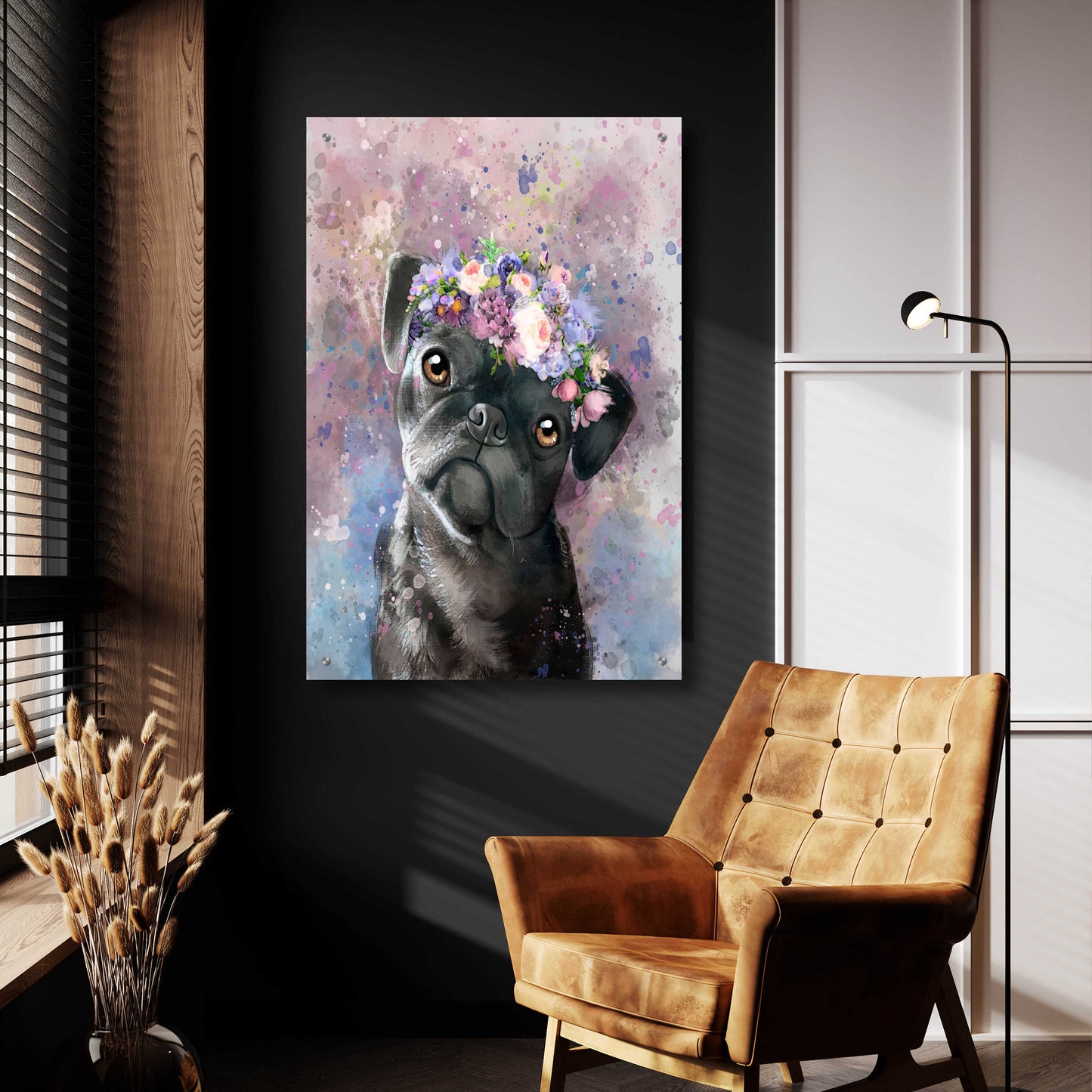 Epic Art 'Flower Crown Pug' by Furbaby Affiliates, Acrylic Glass Wall Art,24x36