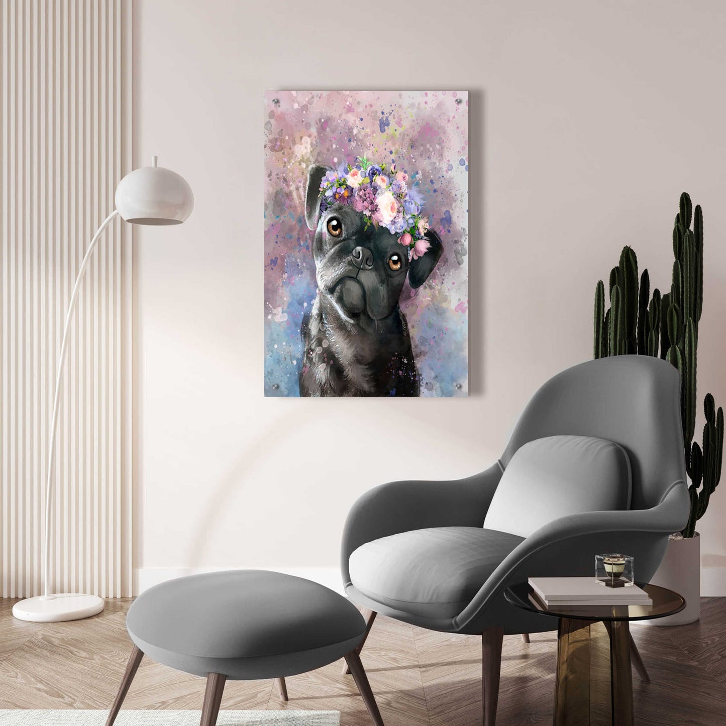 Epic Art 'Flower Crown Pug' by Furbaby Affiliates, Acrylic Glass Wall Art,24x36