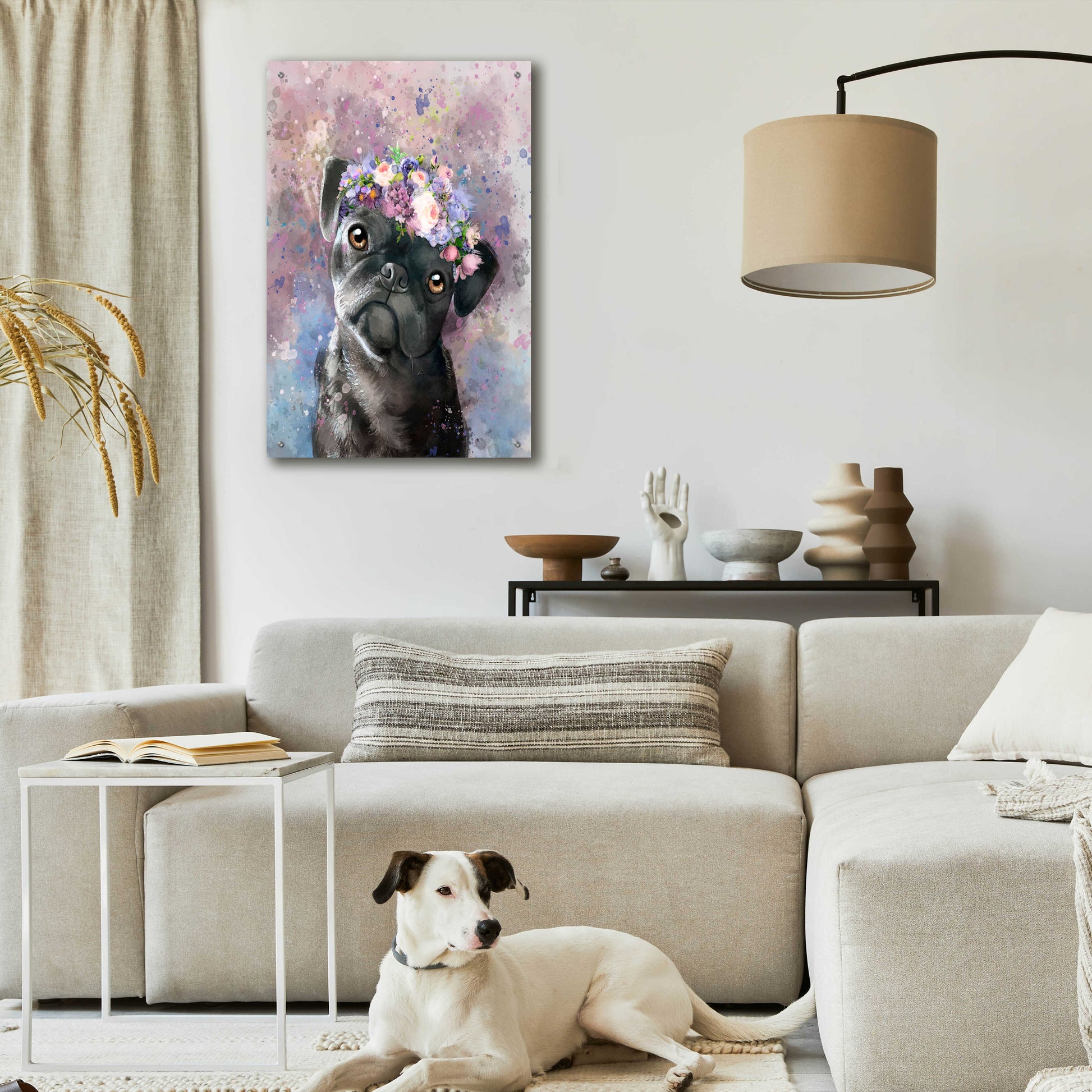 Epic Art 'Flower Crown Pug' by Furbaby Affiliates, Acrylic Glass Wall Art,24x36