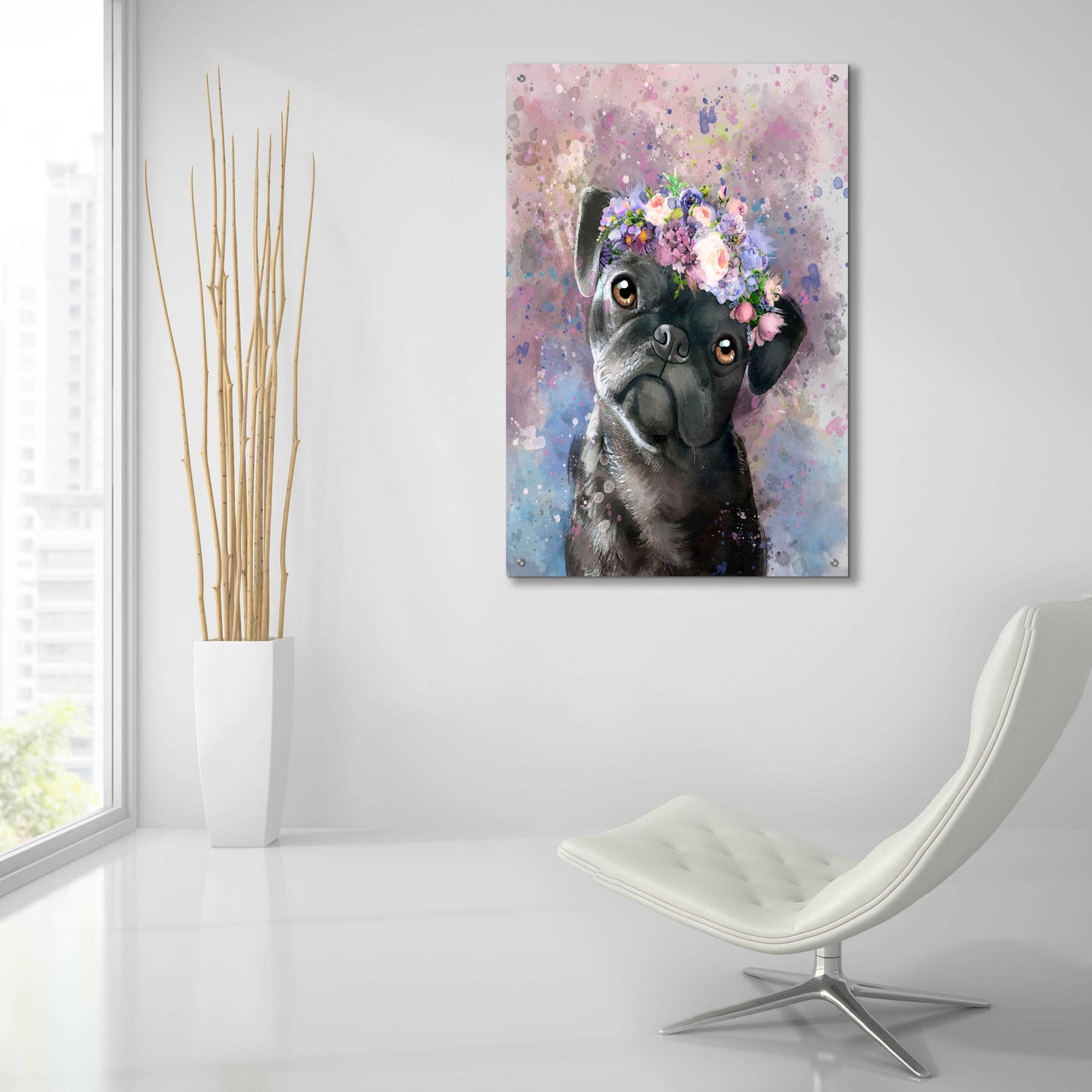 Epic Art 'Flower Crown Pug' by Furbaby Affiliates, Acrylic Glass Wall Art,24x36