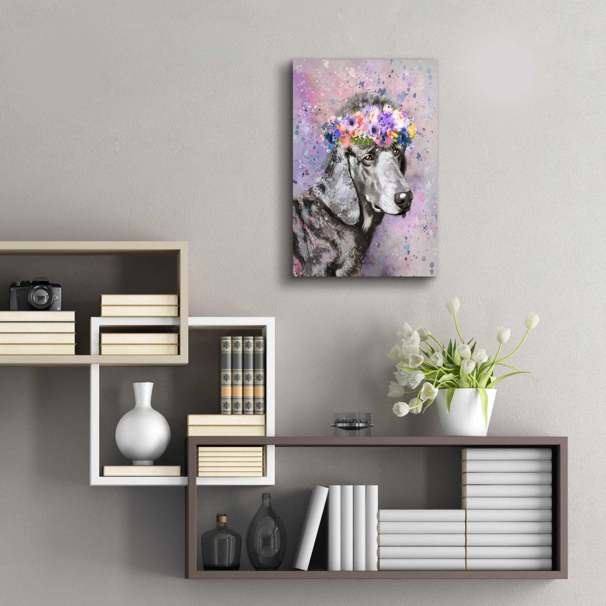 Epic Art 'Flower Crown Poodle 2' by Furbaby Affiliates, Acrylic Glass Wall Art,16x24