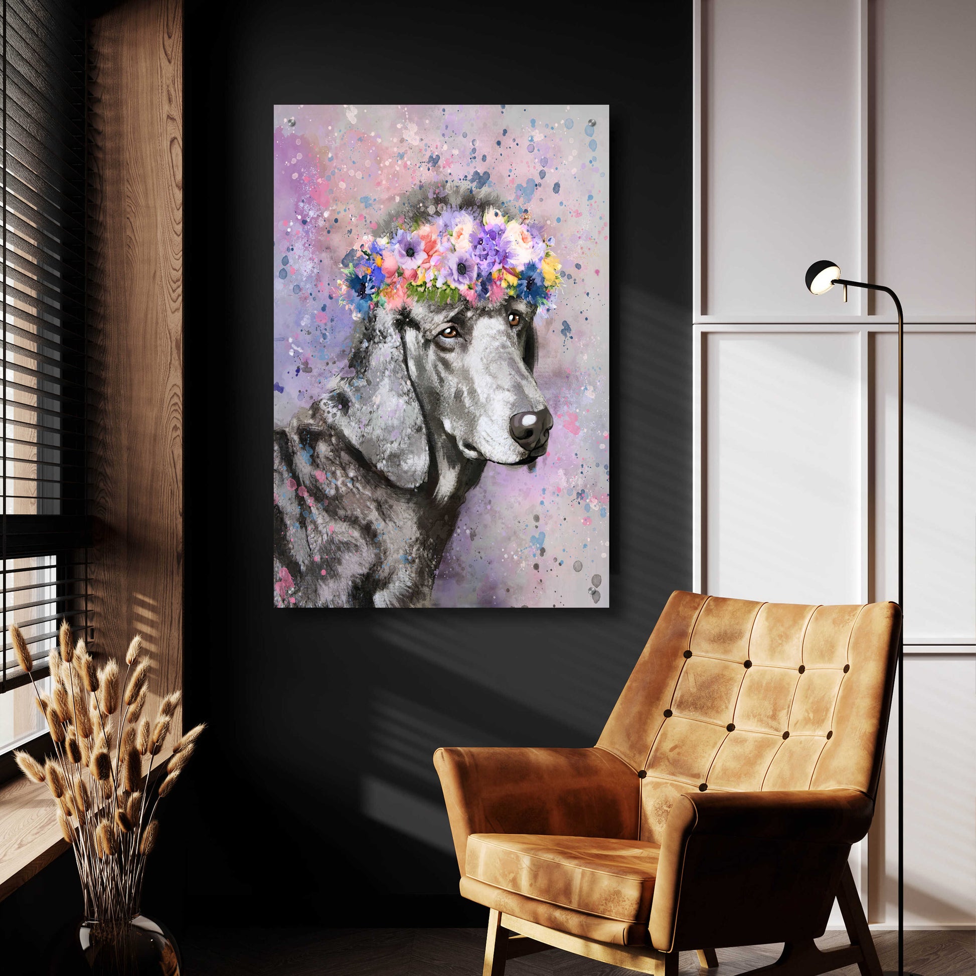 Epic Art 'Flower Crown Poodle 2' by Furbaby Affiliates, Acrylic Glass Wall Art,24x36