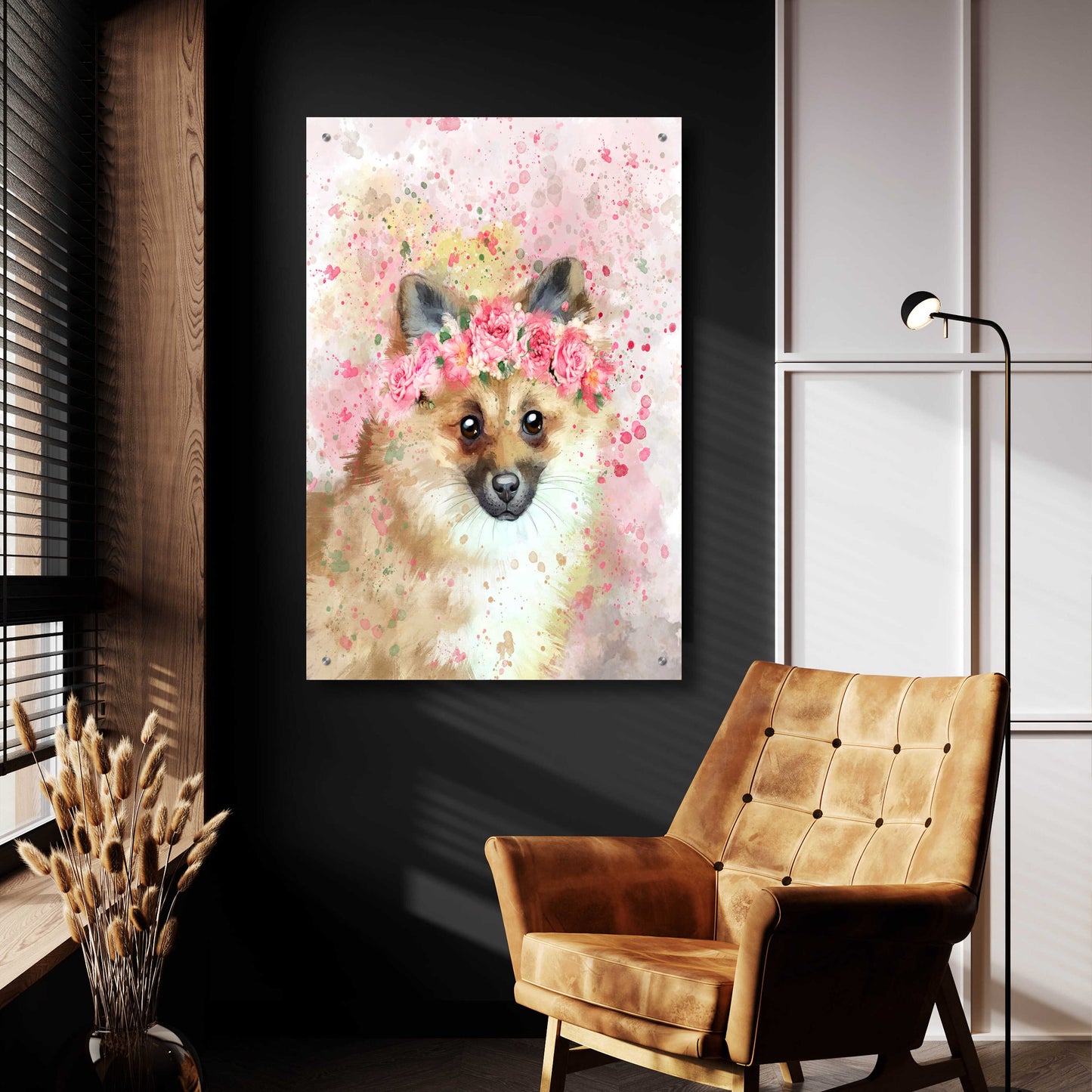 Epic Art 'Flower Crown Pomeranian' by Furbaby Affiliates, Acrylic Glass Wall Art,24x36