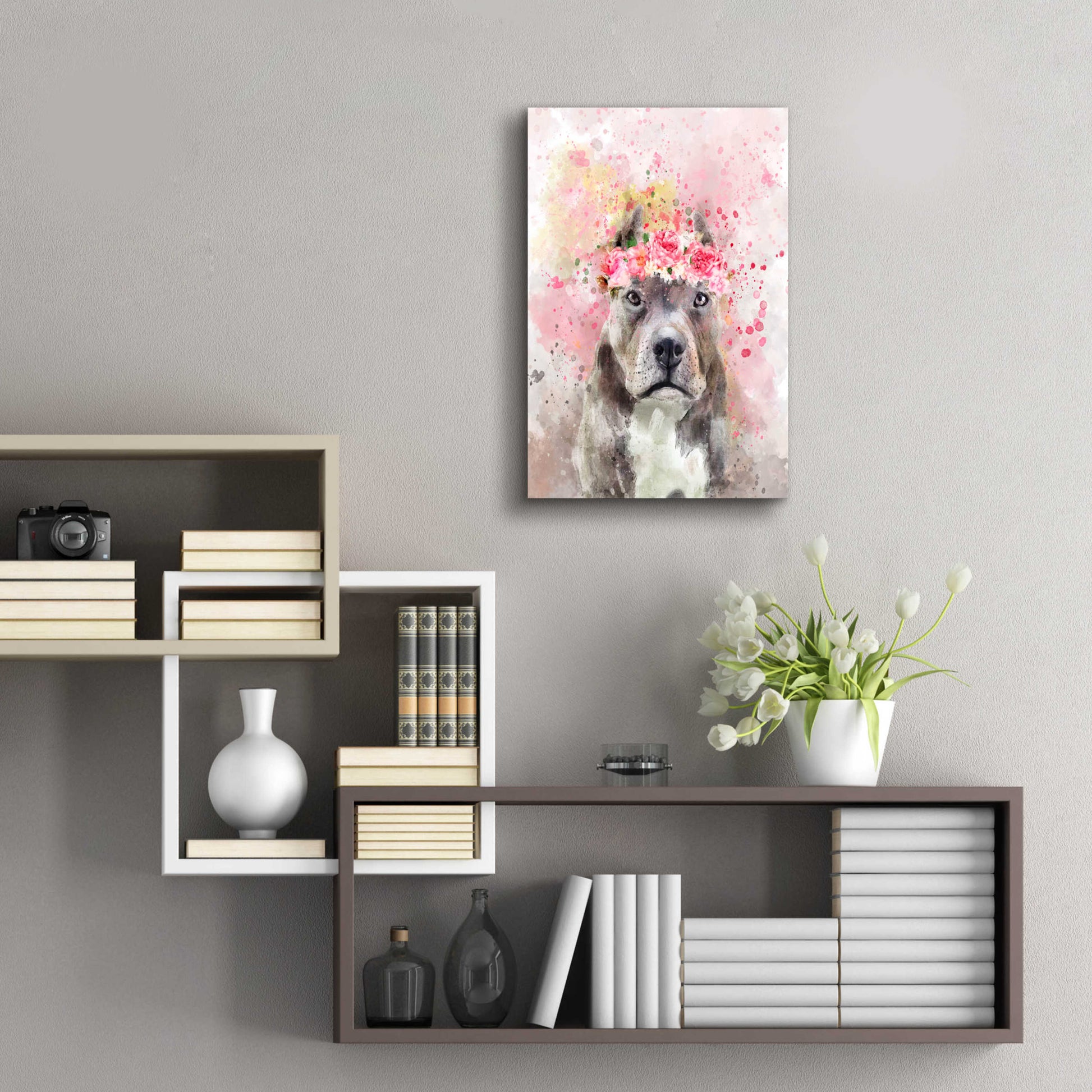 Epic Art 'Flower Crown Pit Bull' by Furbaby Affiliates, Acrylic Glass Wall Art,16x24