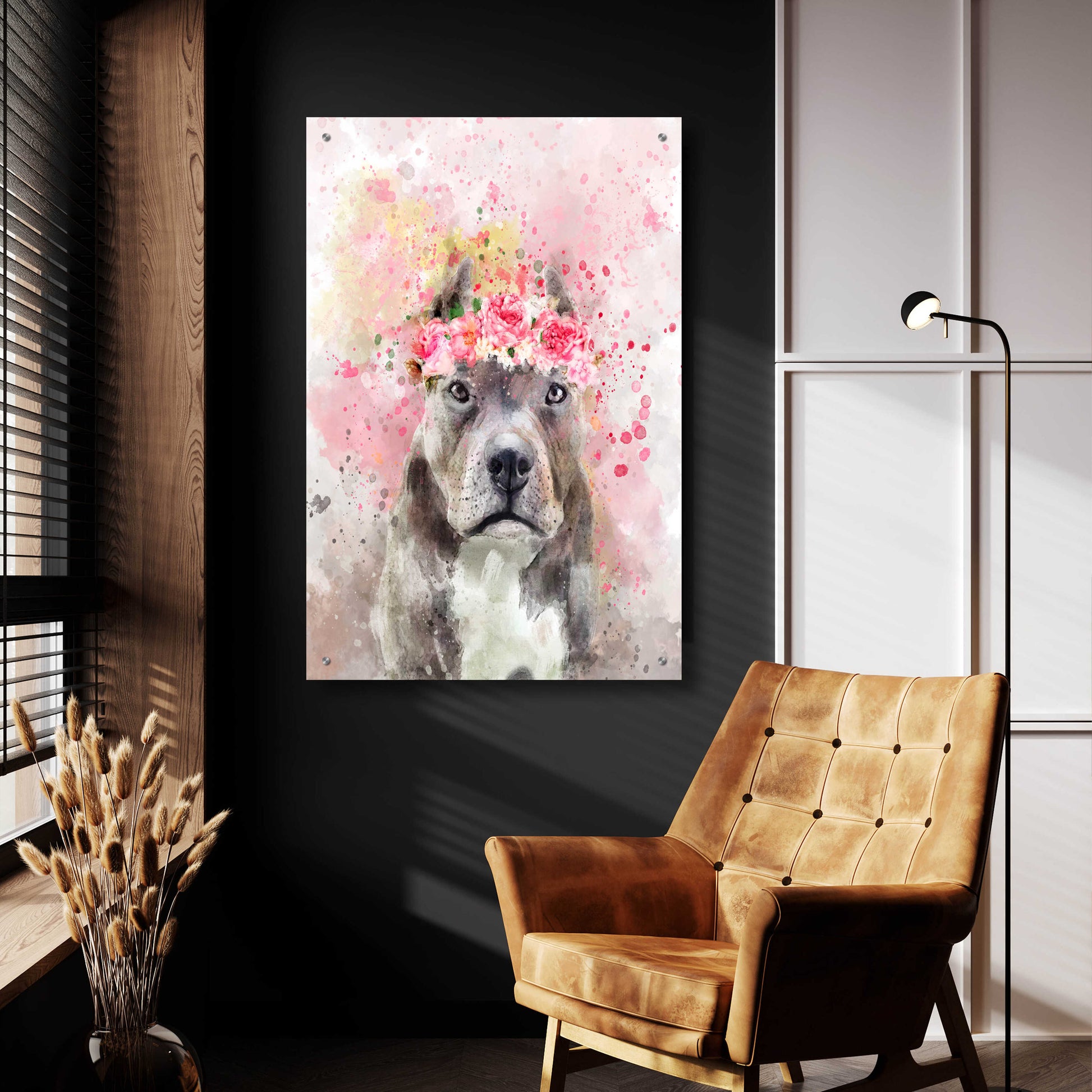 Epic Art 'Flower Crown Pit Bull' by Furbaby Affiliates, Acrylic Glass Wall Art,24x36