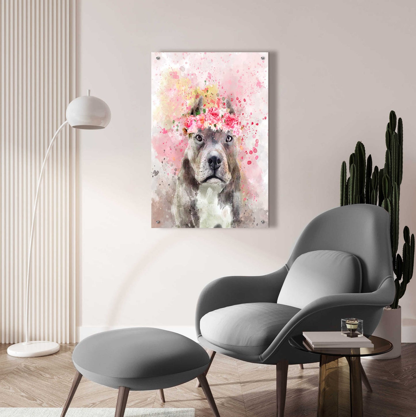 Epic Art 'Flower Crown Pit Bull' by Furbaby Affiliates, Acrylic Glass Wall Art,24x36