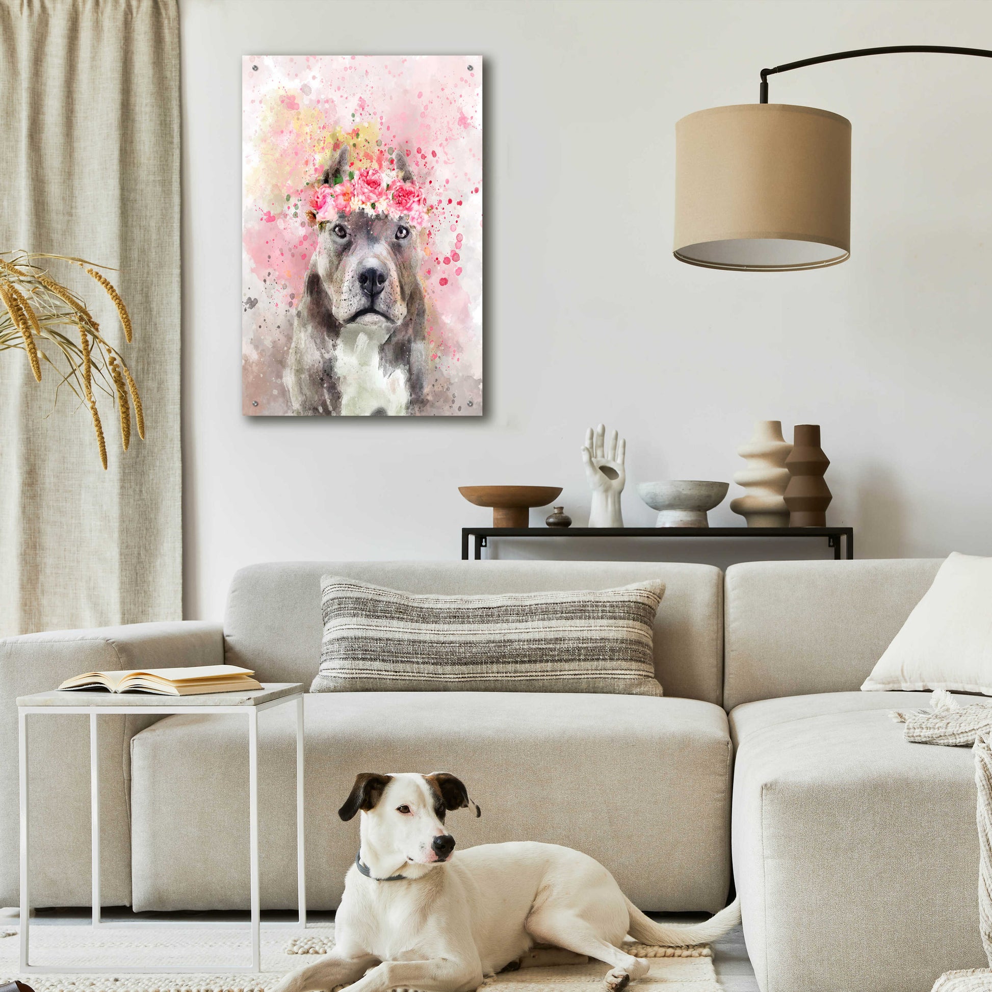 Epic Art 'Flower Crown Pit Bull' by Furbaby Affiliates, Acrylic Glass Wall Art,24x36